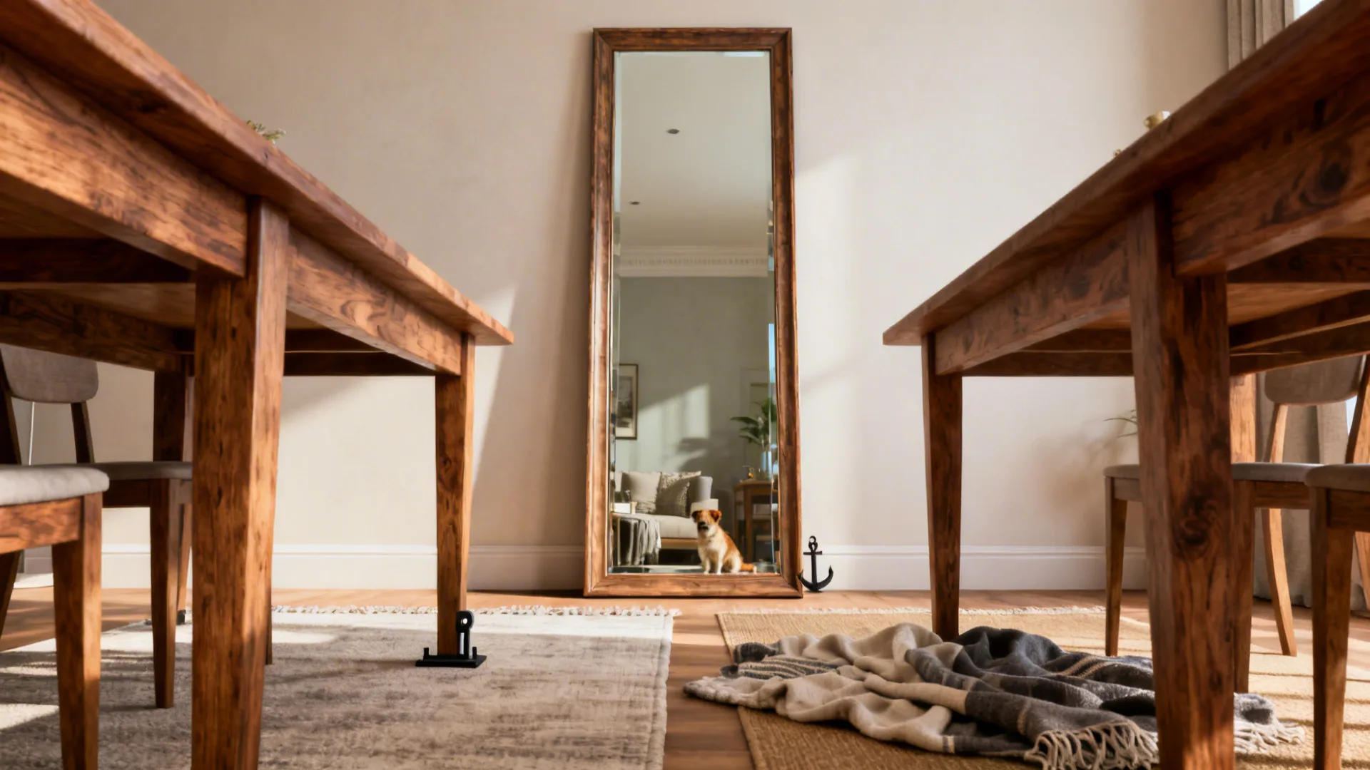 Tall leaning mirror at the end of a dining table secured with a floor anchor for safety