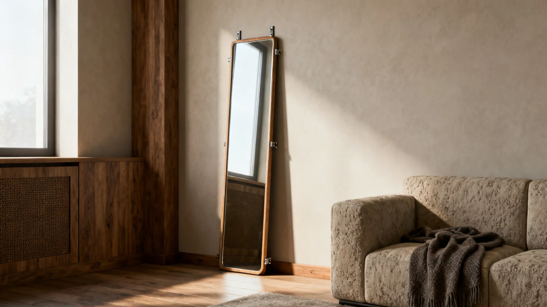 Casual living room corner with a tall slim full-length mirror leaning against the wall.
