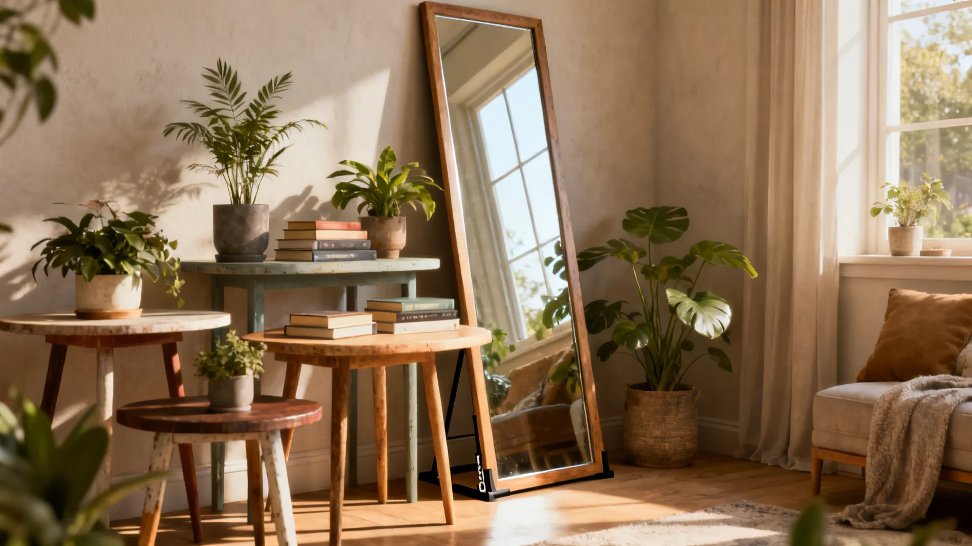 Leaning full-length mirror behind a cluster of side tables, styled with plants and books.