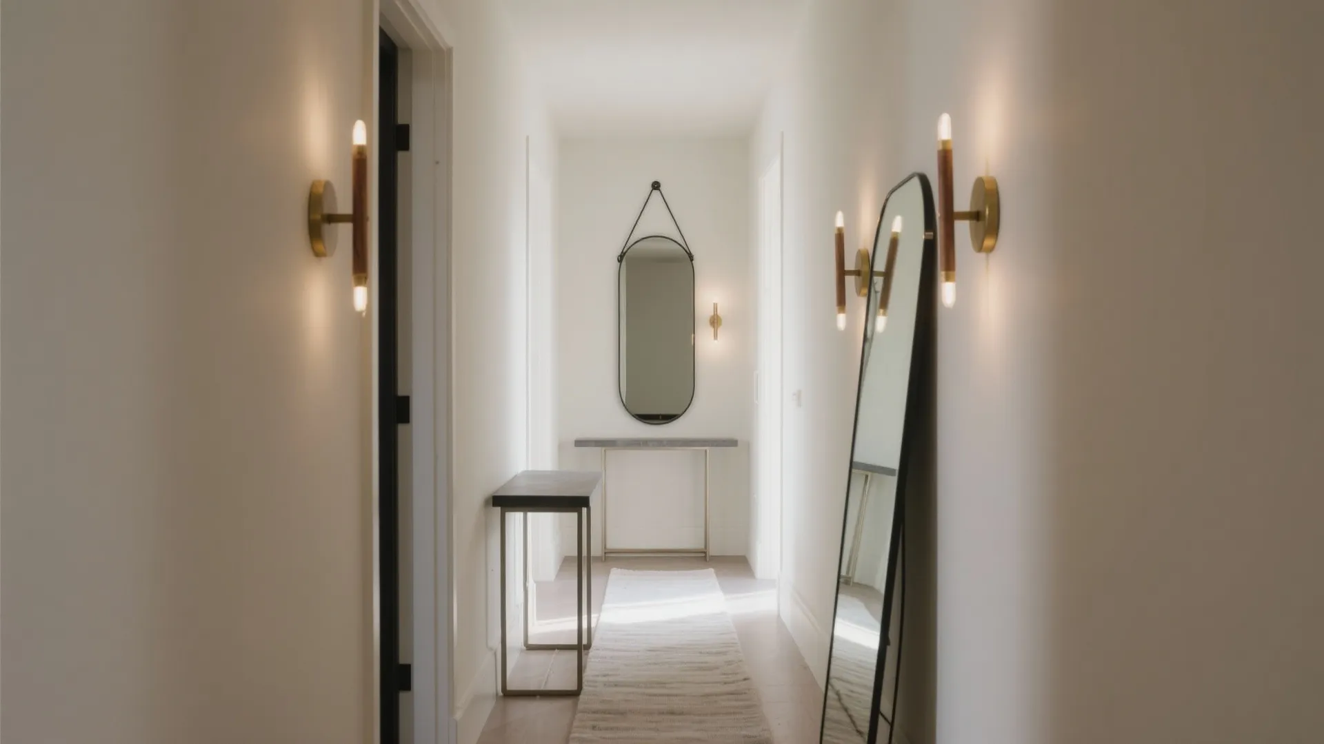 White narrow hallway featuring a tall leaning floor mirror wall lights and a thin console