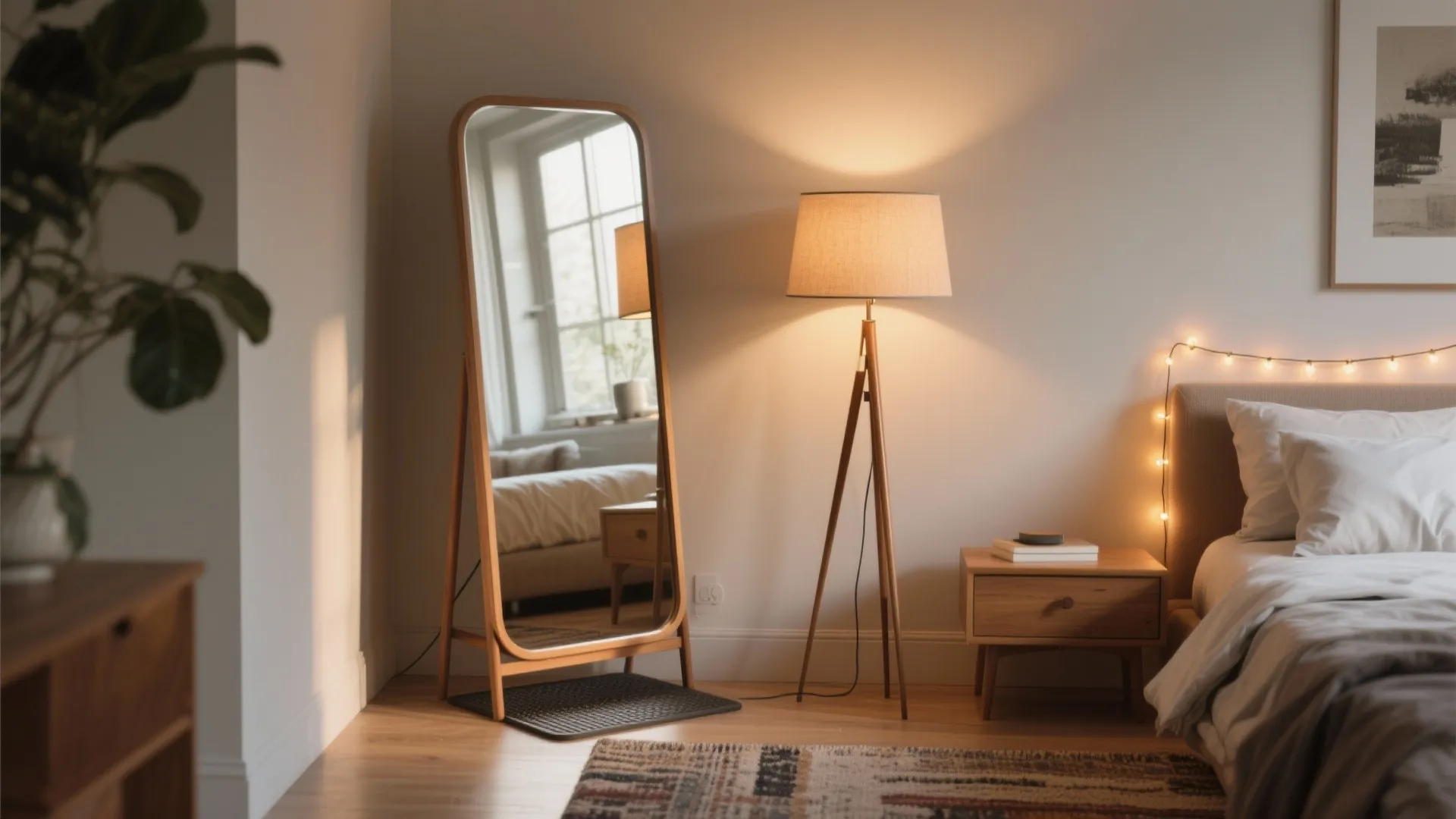 2. Leaning mirror with layered lighting