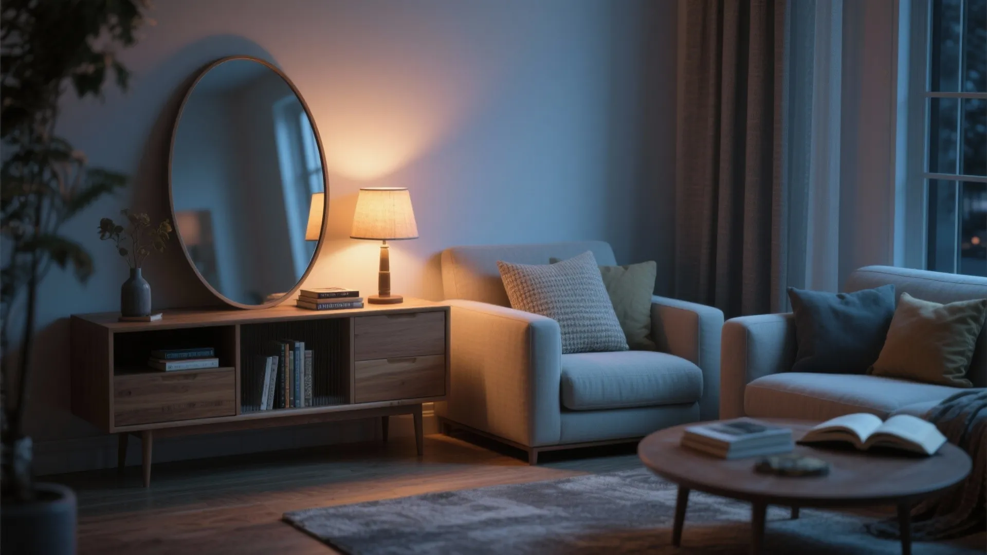 Leaning Oval Mirror on a Sideboard