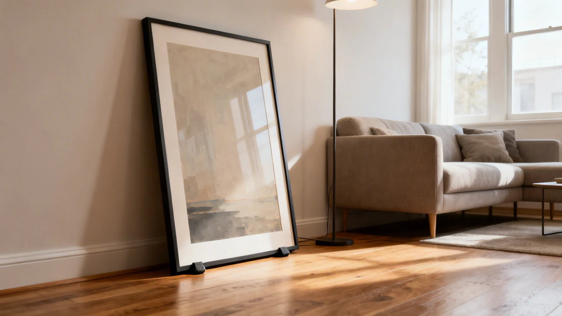 Leaning oversized framed artwork against a wall with a floor lamp and anti-slip pads