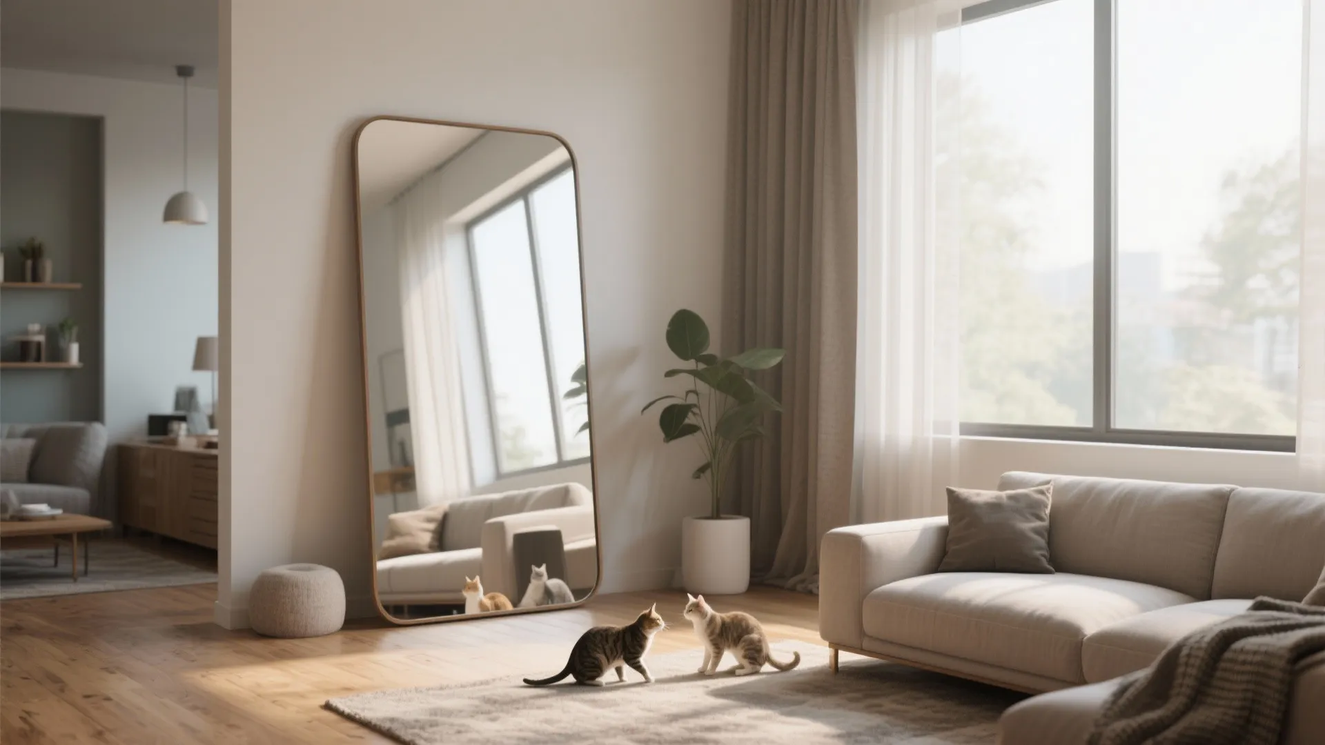 Living room with oversized mirror leaning on wall