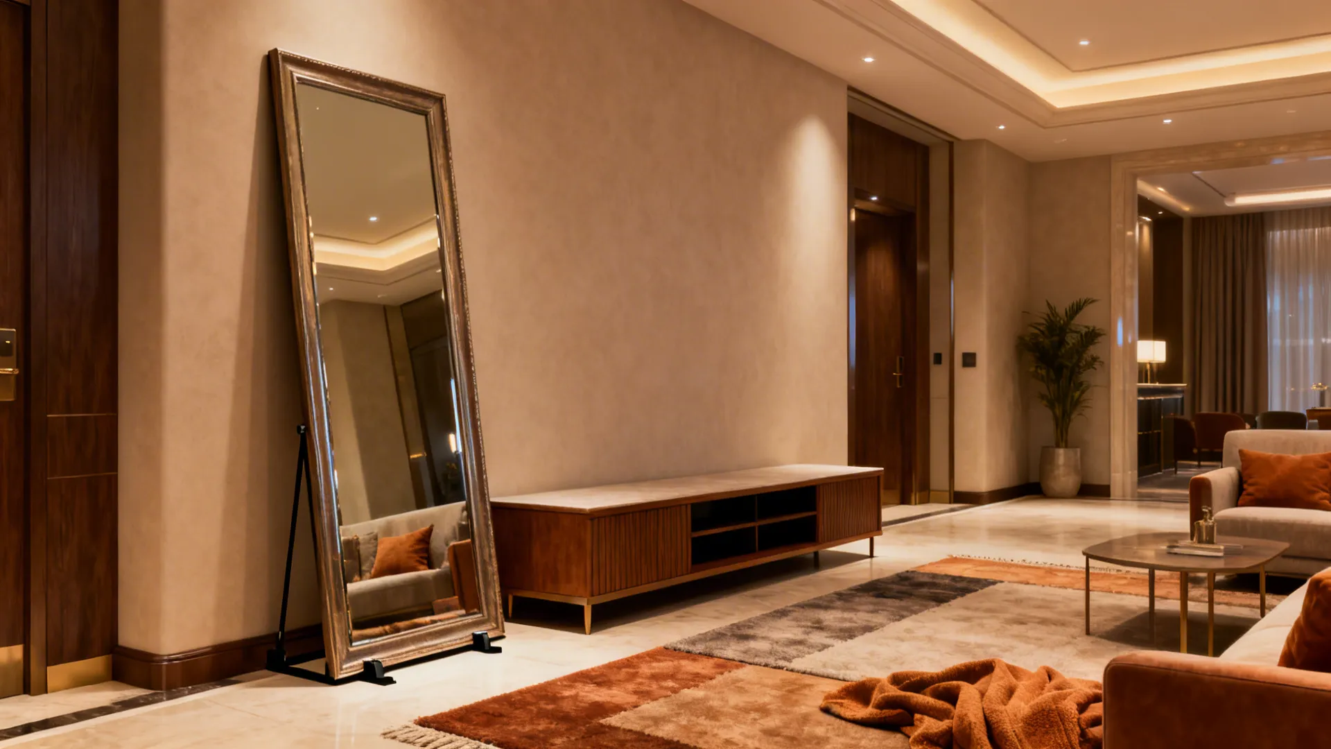 Leaning oversized mirror in a rental living room creating a casual chic hotel-lobby vibe.