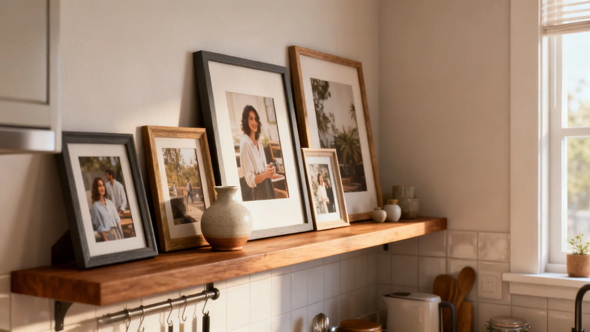 Narrow floating shelf with leaning framed photos and small decor in a cozy kitchen nook.