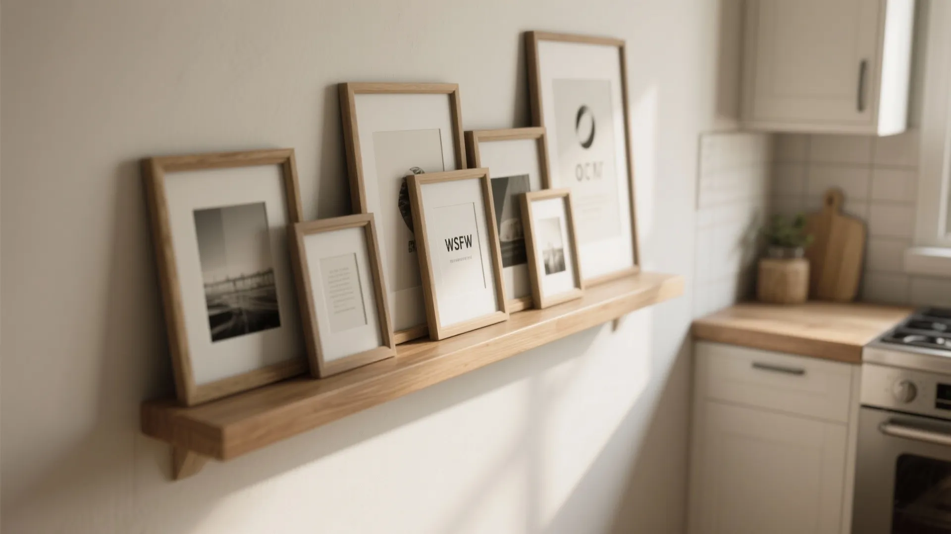 Wooden wall shelf with several framed pictures leaning against a white wall in a kitchen
