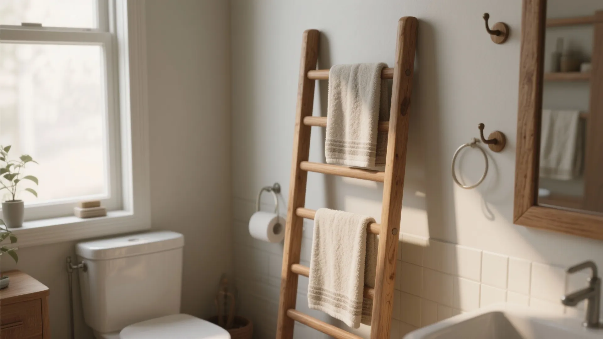 3. Leaning Towel Ladder with Hooks
