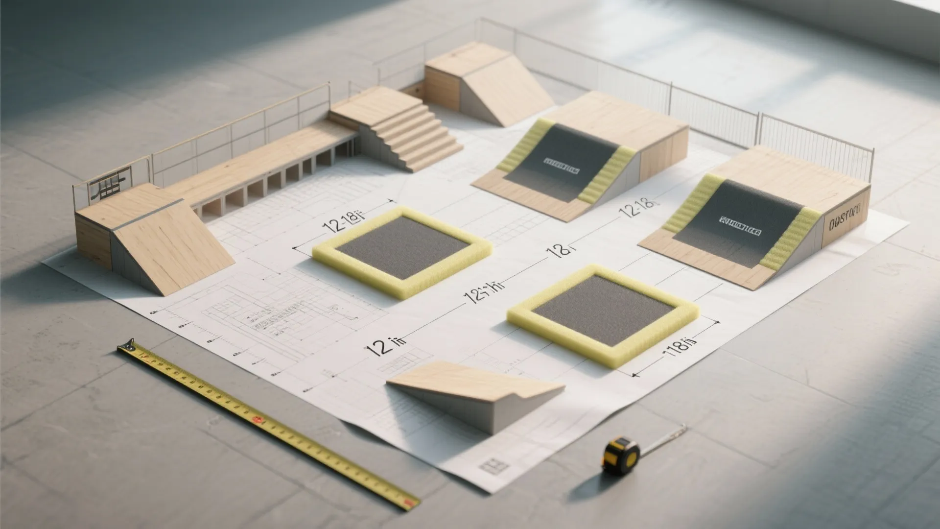 Miniature wooden skate park model on paper floor plan with yellow measuring tape and pencil