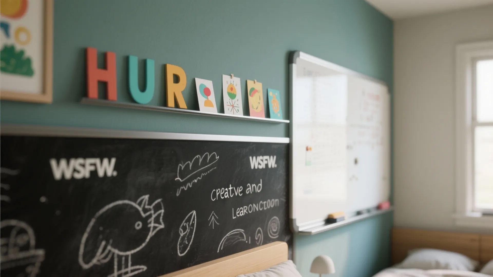 4) Create & Learn Zones: Chalkboard, Whiteboard, and Magnetic Paint