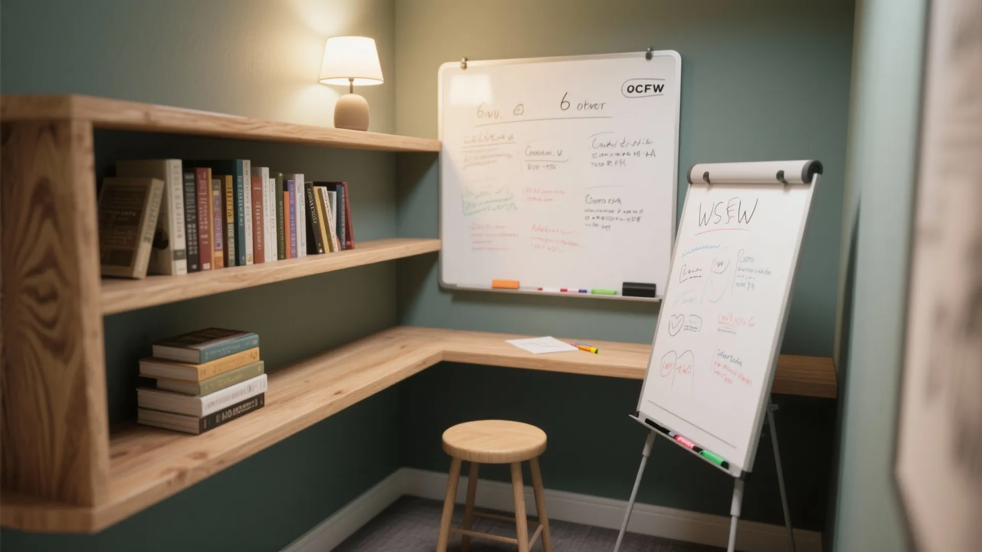 Study corner with wooden shelves, books, desk lamp, stool, whiteboard on wall, and flip chart