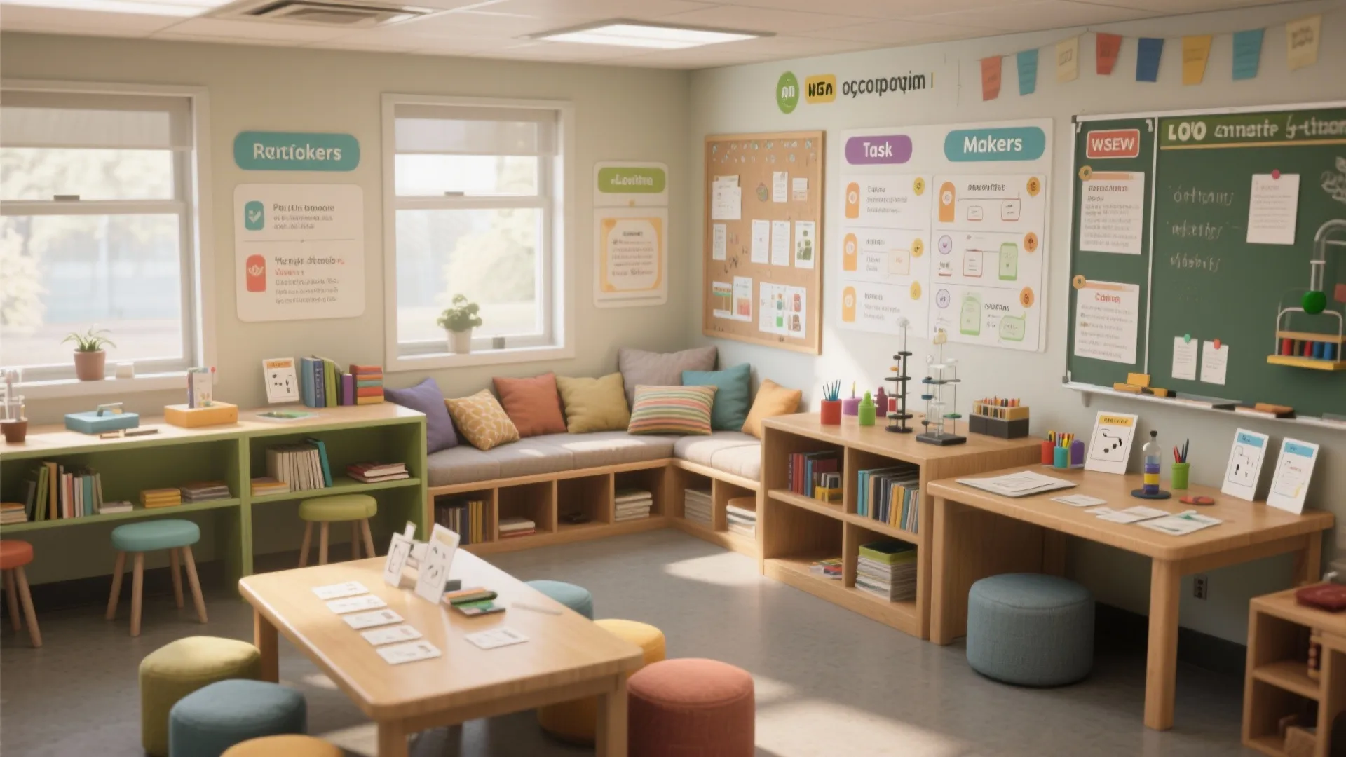 Classroom learning station with corner sofa seating wooden tables colorful round footrests and wall boards