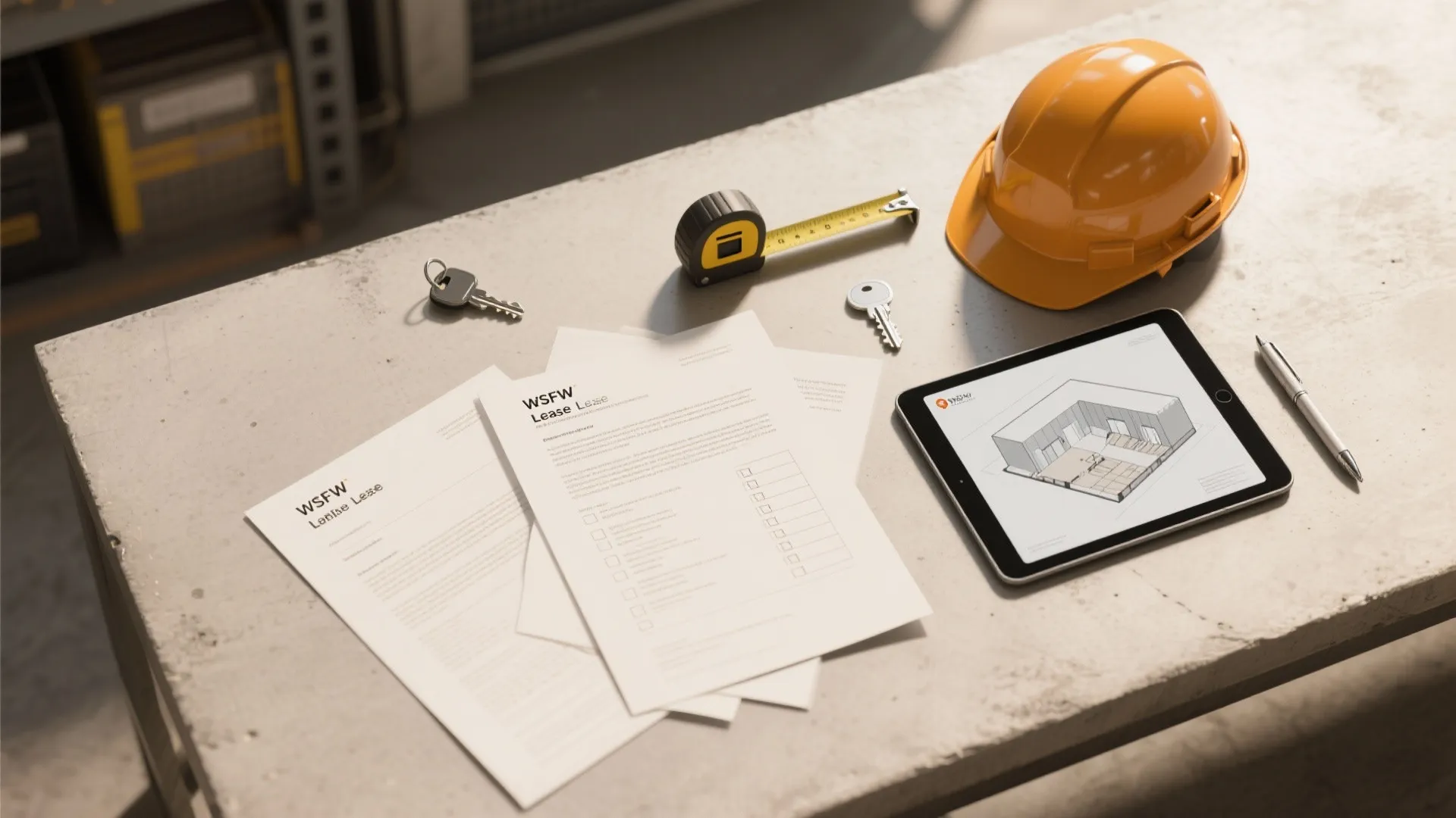 Yellow hard hat measuring tape keys and lease documents on concrete table with tablet display