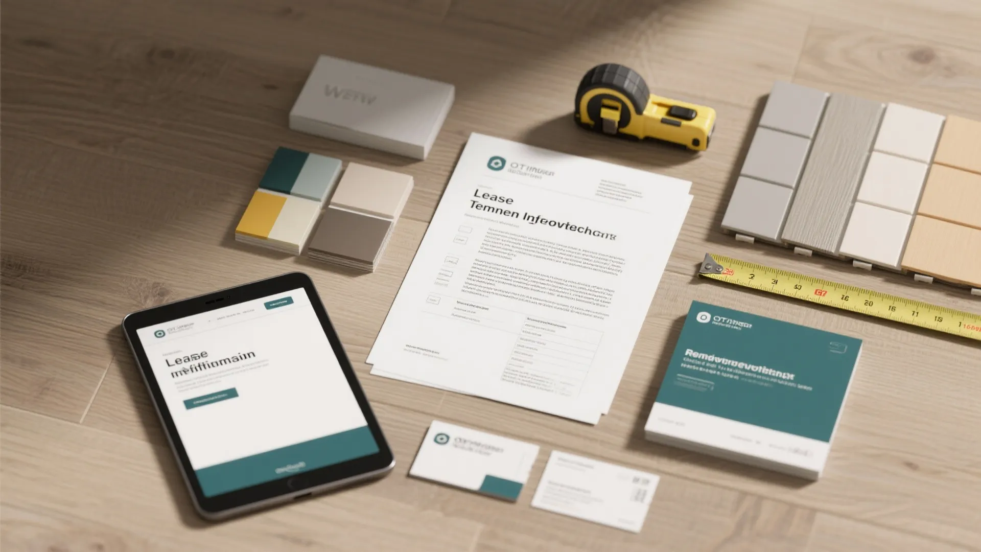 Top-down flatlay of lease documents, TI checklist, removable branding samples, and material swatches for small office planning.