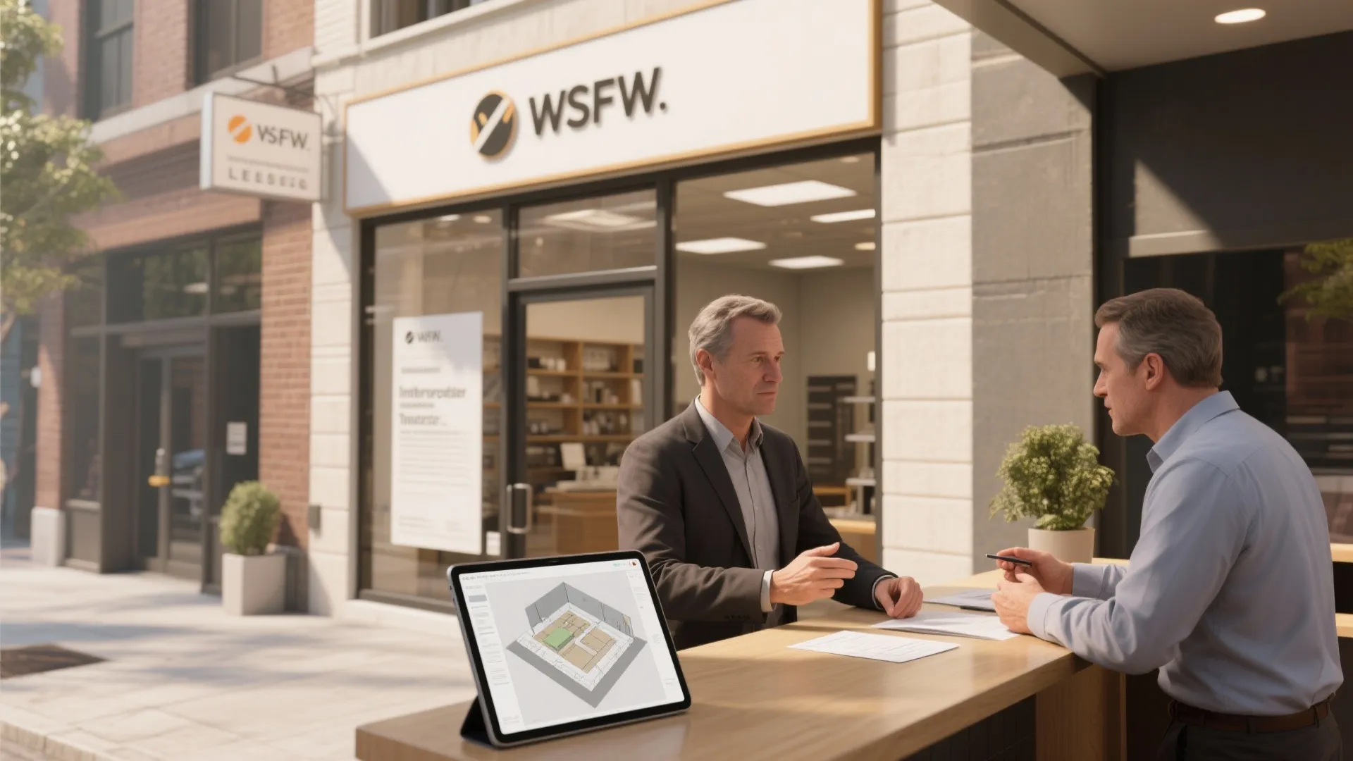 Small storefront facade and an interior negotiation scene where tenant and landlord review tenant improvement documents.