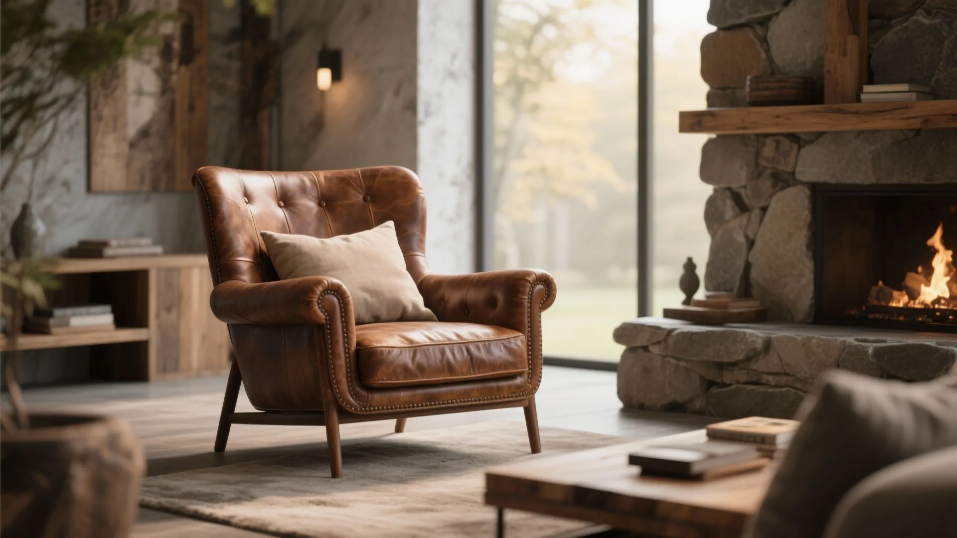 Brown leather armchair with beige cushion placed near a warm stone fireplace in living room