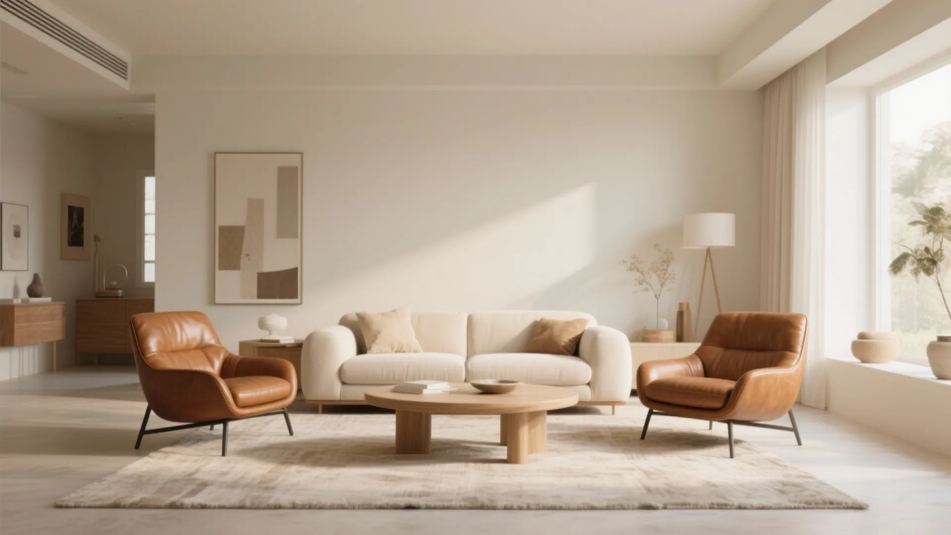 Modern living room featuring two brown leather chairs a white sofa and round wooden table