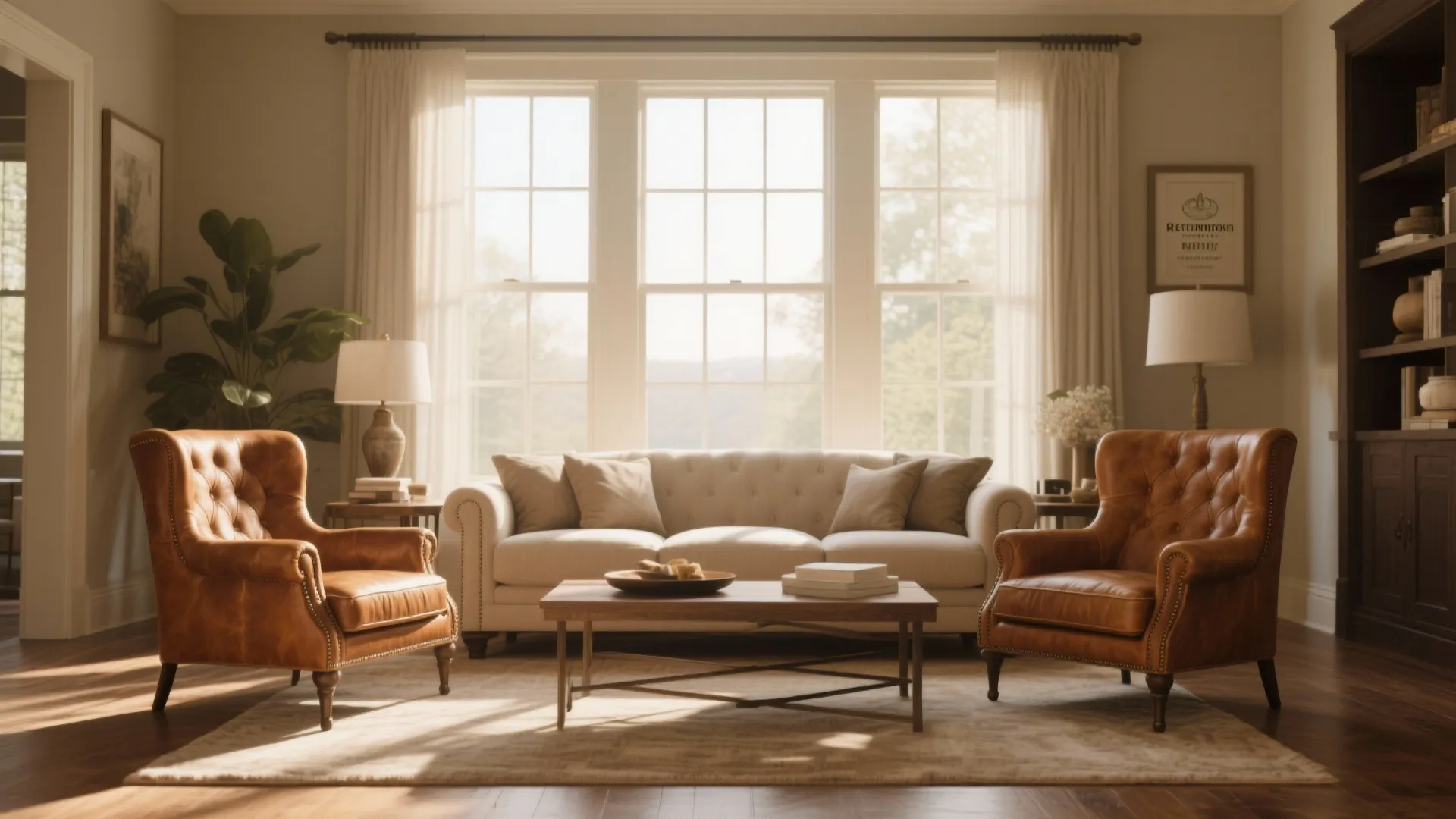 Two vintage-tan leather chairs in a Restoration Hardware style living room