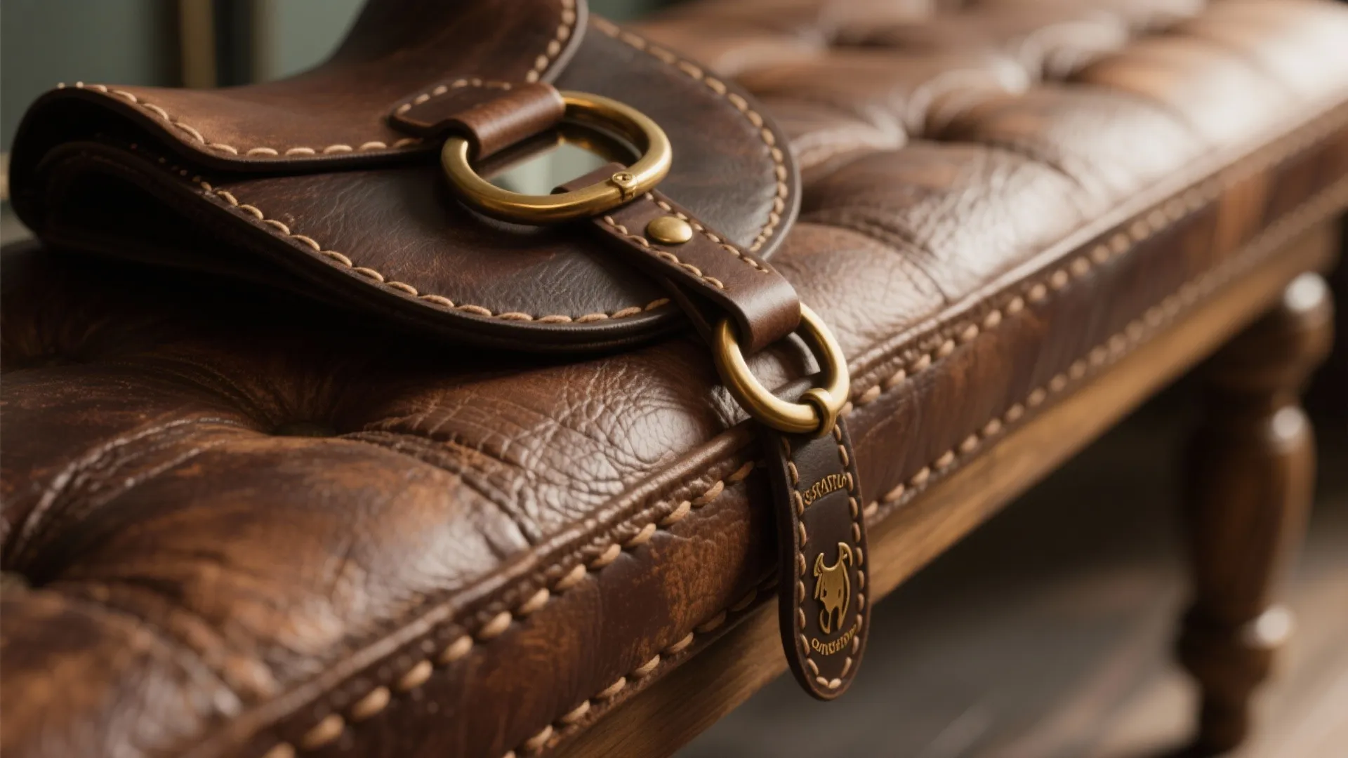 Close up of brown leather tufted bench with metal rings and a dark decorative leather strap