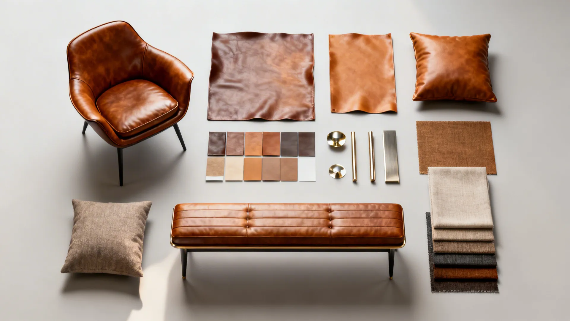 Flatlay of leather accent pieces and swatches with coordinating fabrics and metals