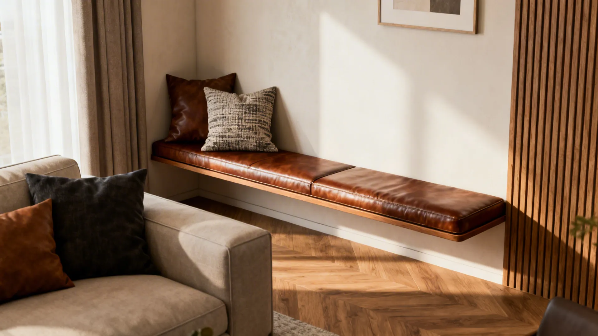 Long brown leather wall bench with pillows next to a wooden wall panel and sofa