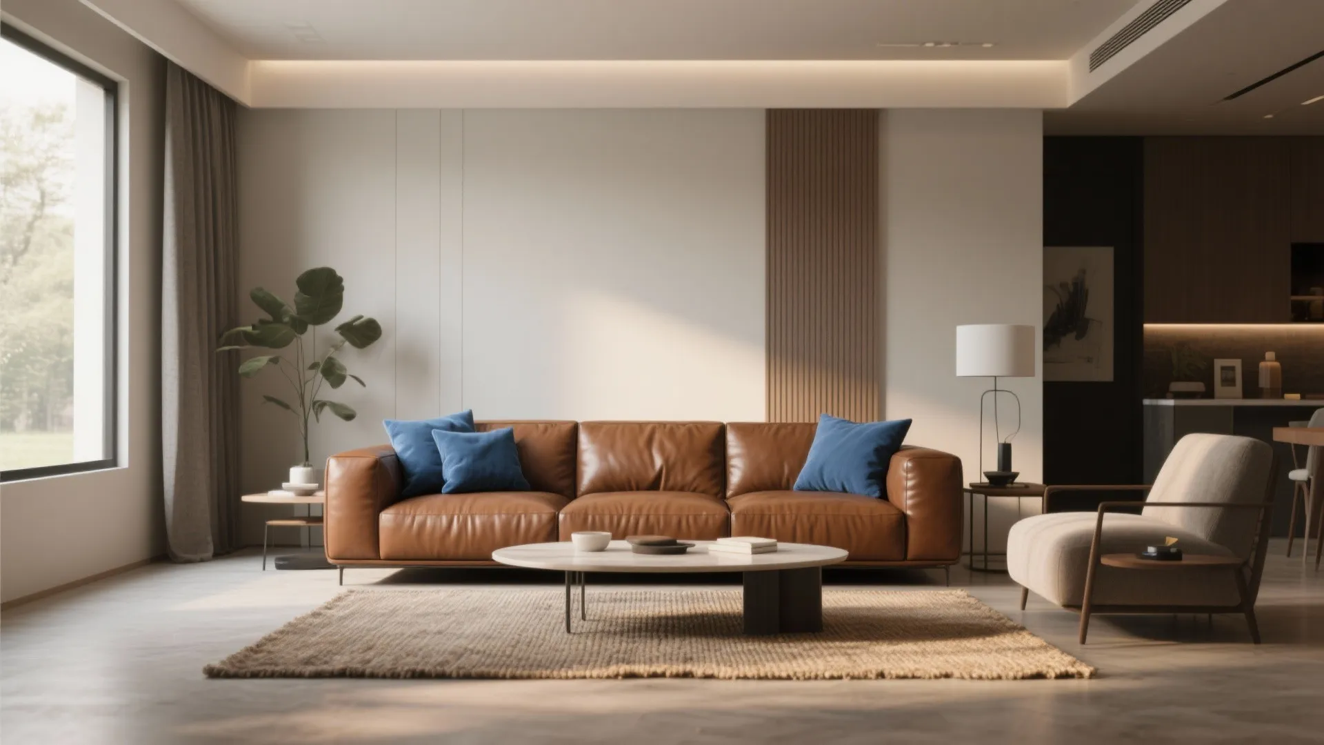 Modern living room featuring brown leather sofa with blue pillows and round white coffee table