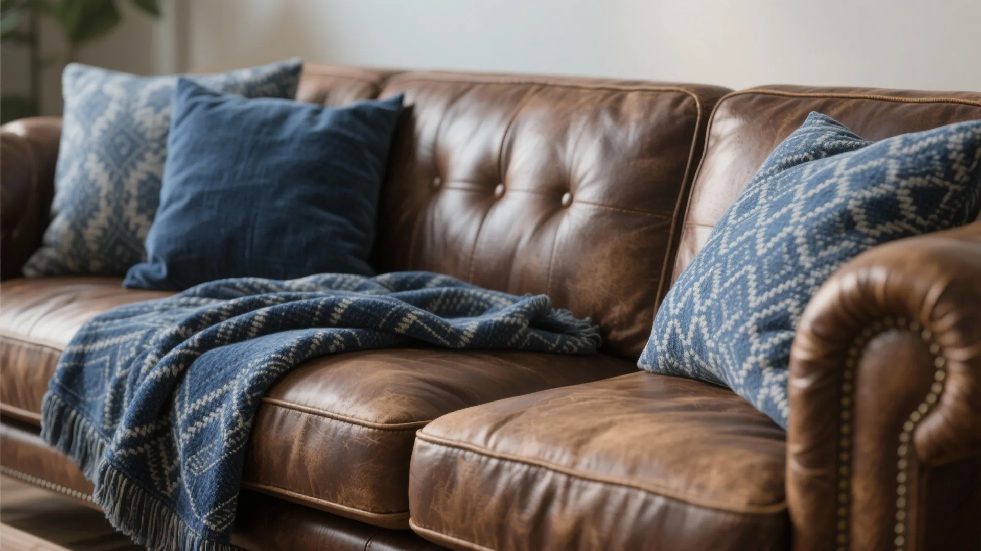 3. Leather Sofa + Blue Patterned Textiles