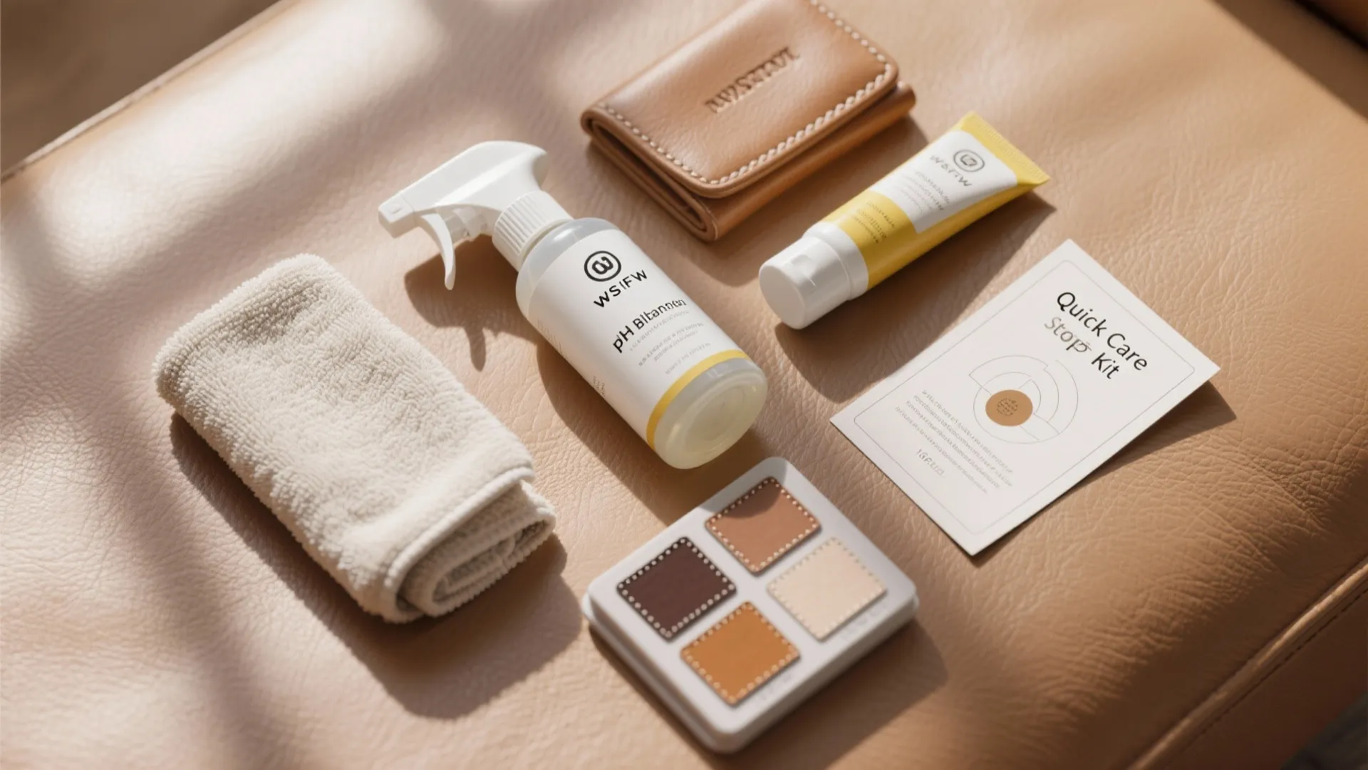 Leather furniture cleaning kit with spray bottle, white cloth, cream tube, and small color palette
