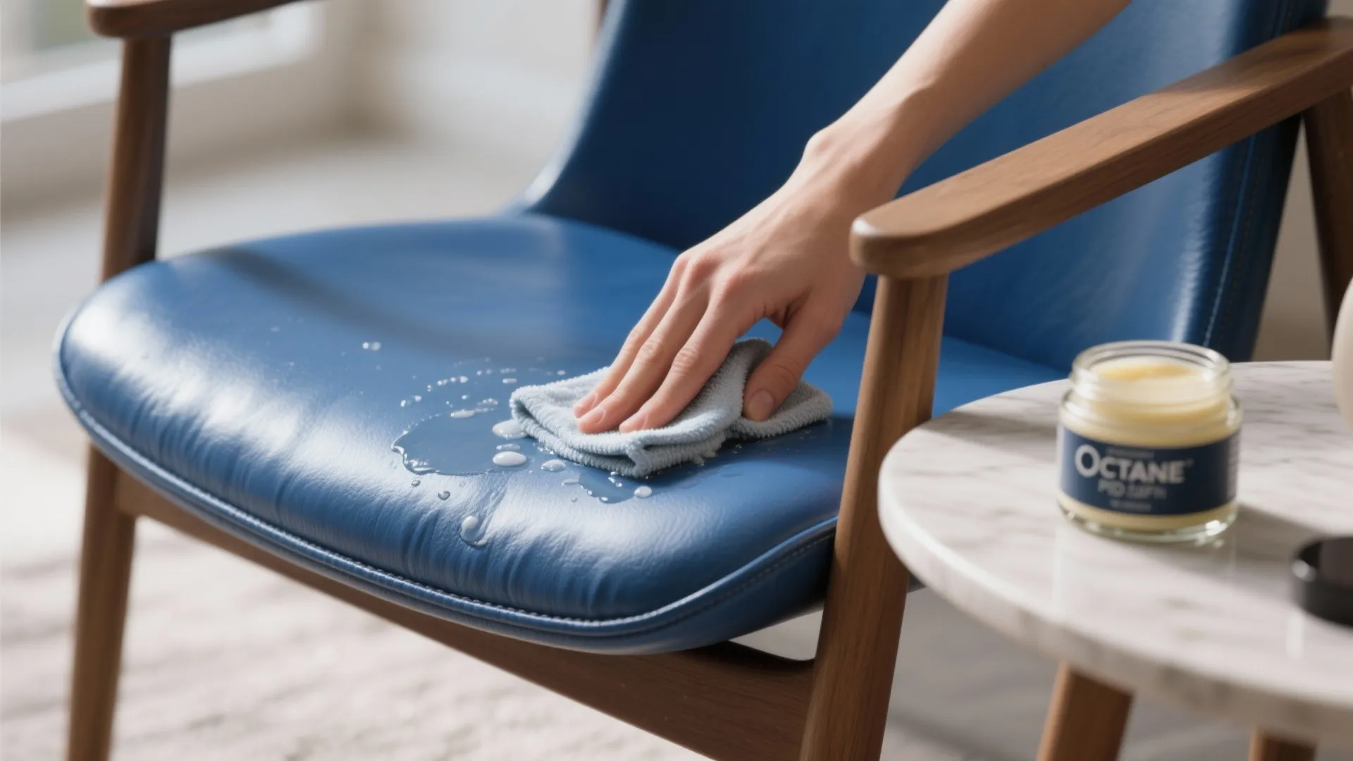 Hand cleaning a blue leather chair with a damp cloth and leather conditioner nearby