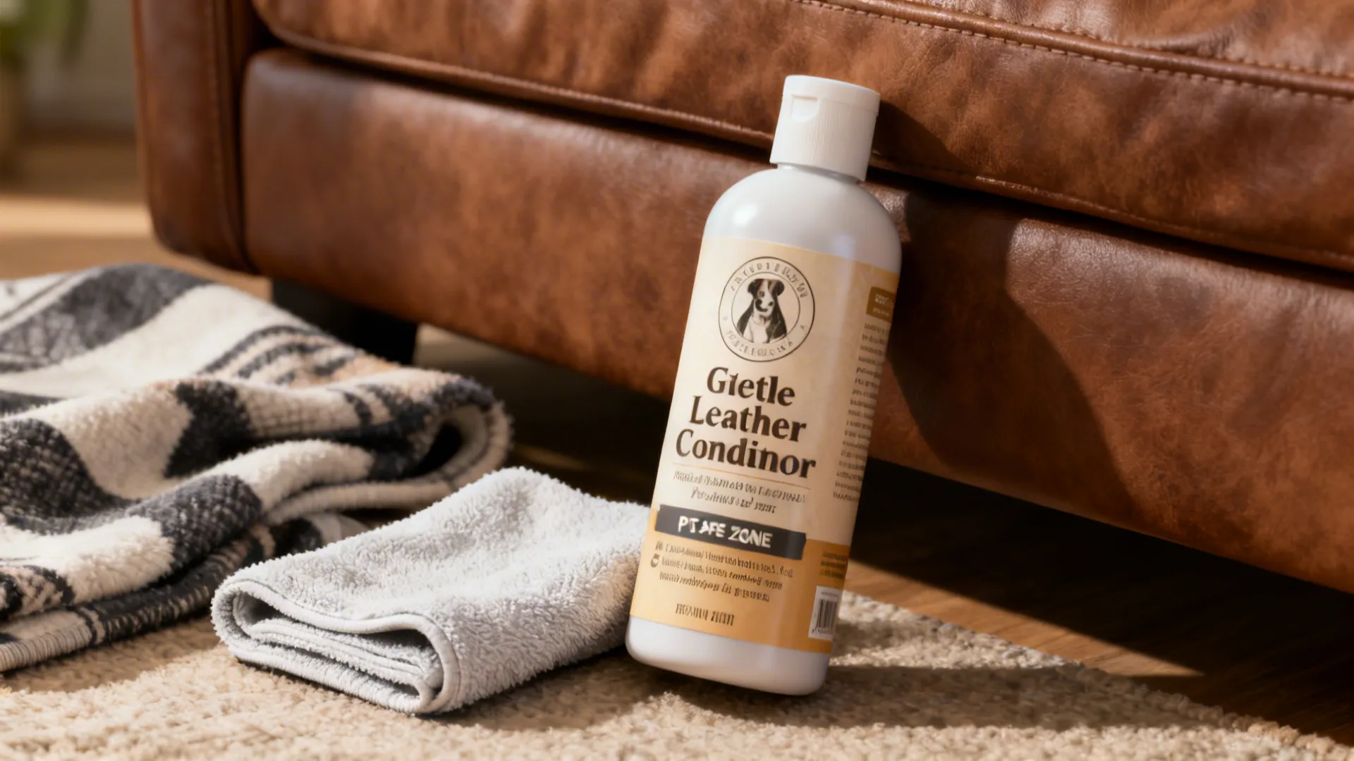 Leather conditioning kit, soft cloth and a washable throw beside a brown leather couch.