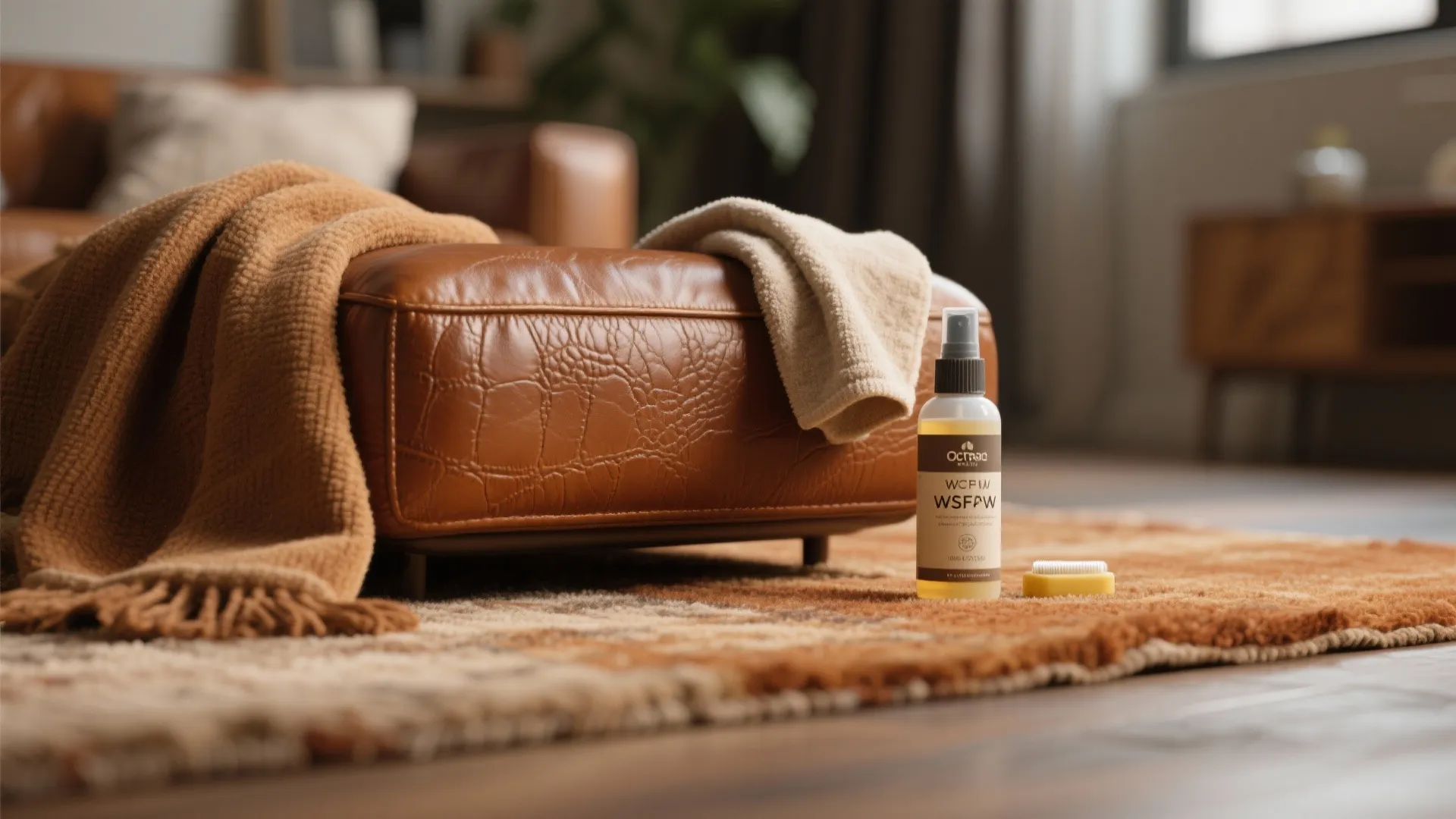 Macro view of cognac leather texture with a soft cloth and conditioner for maintenance tips.