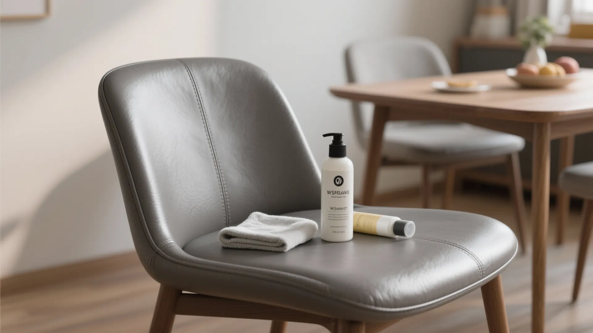 Leather chair cleaning products with a white cloth and bottles in a modern dining room