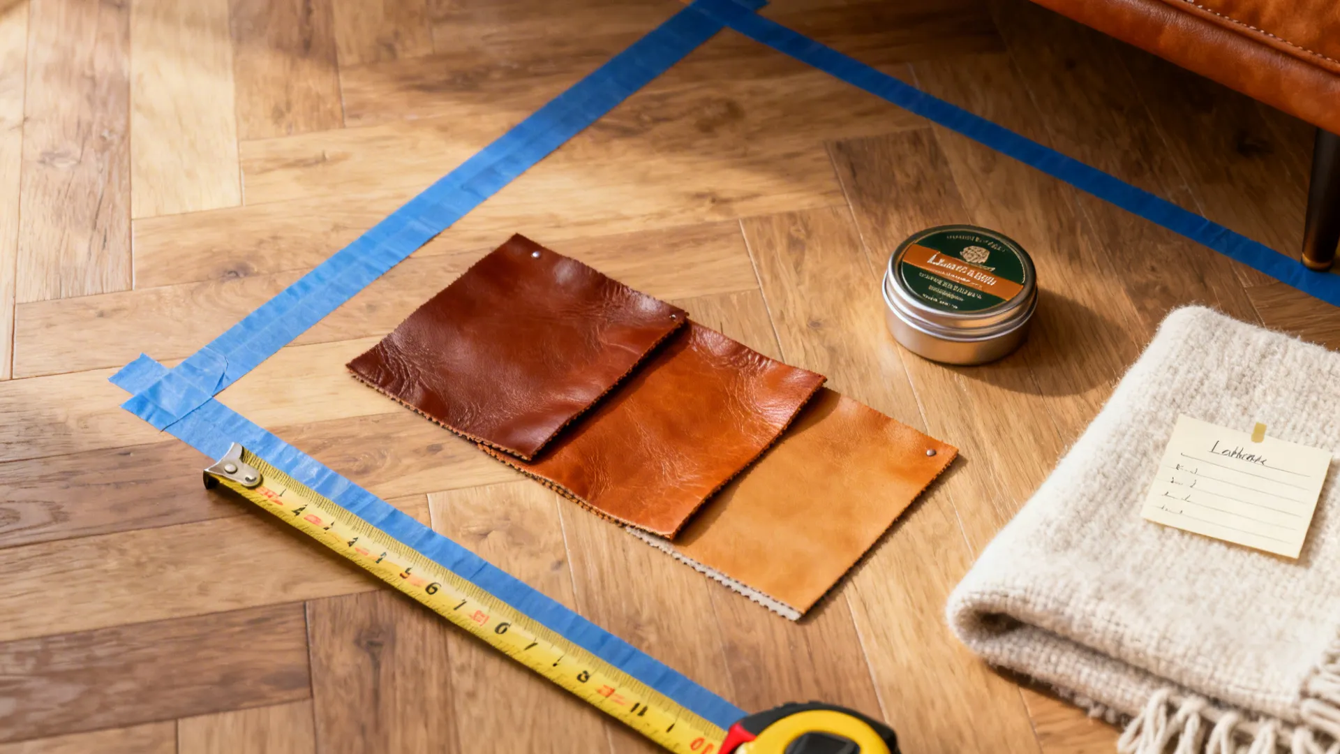 Leather material samples with a yellow tape measure and care wax on patterned wooden floor