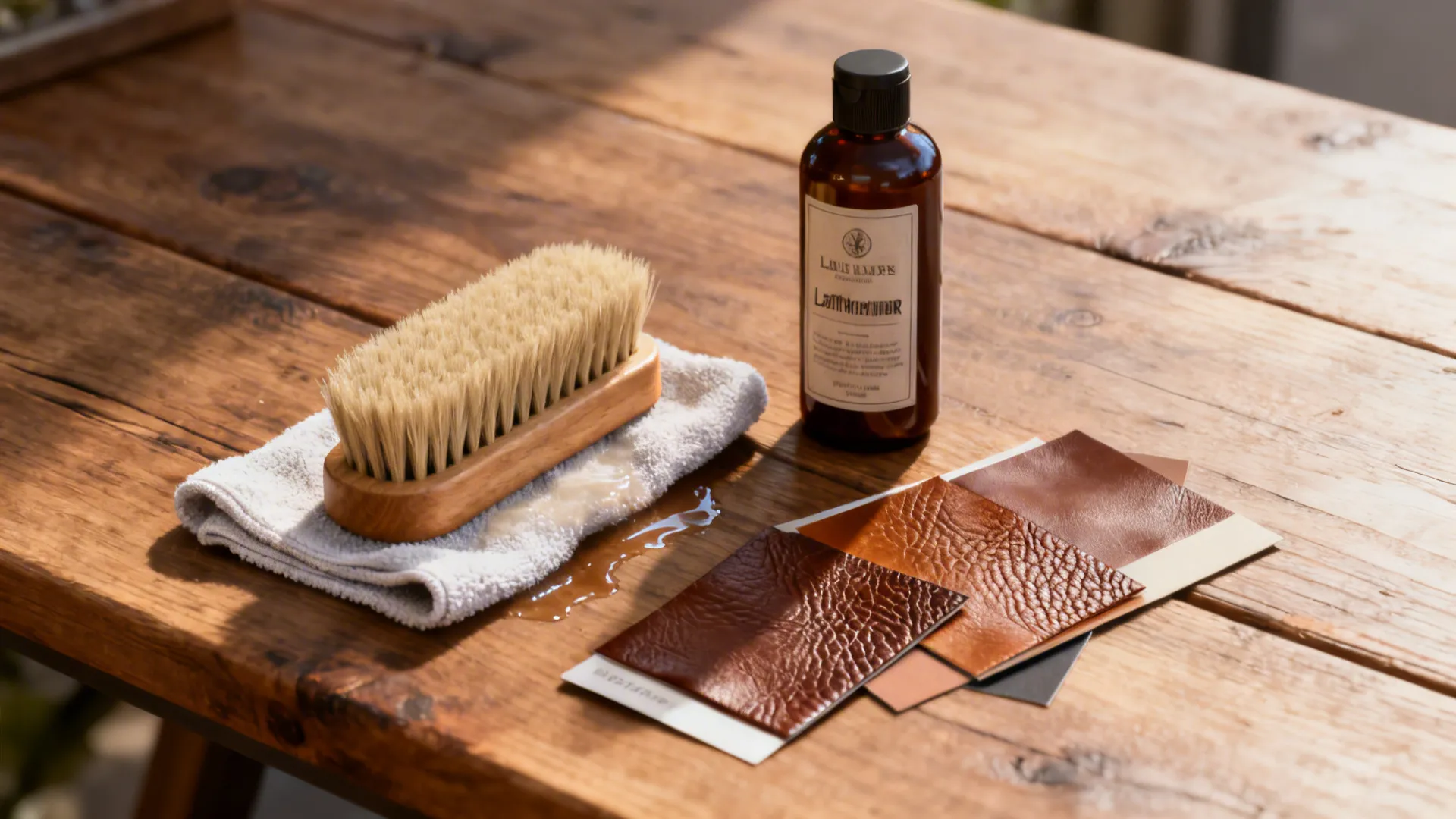 Leather care items and swatches showing recommended maintenance products