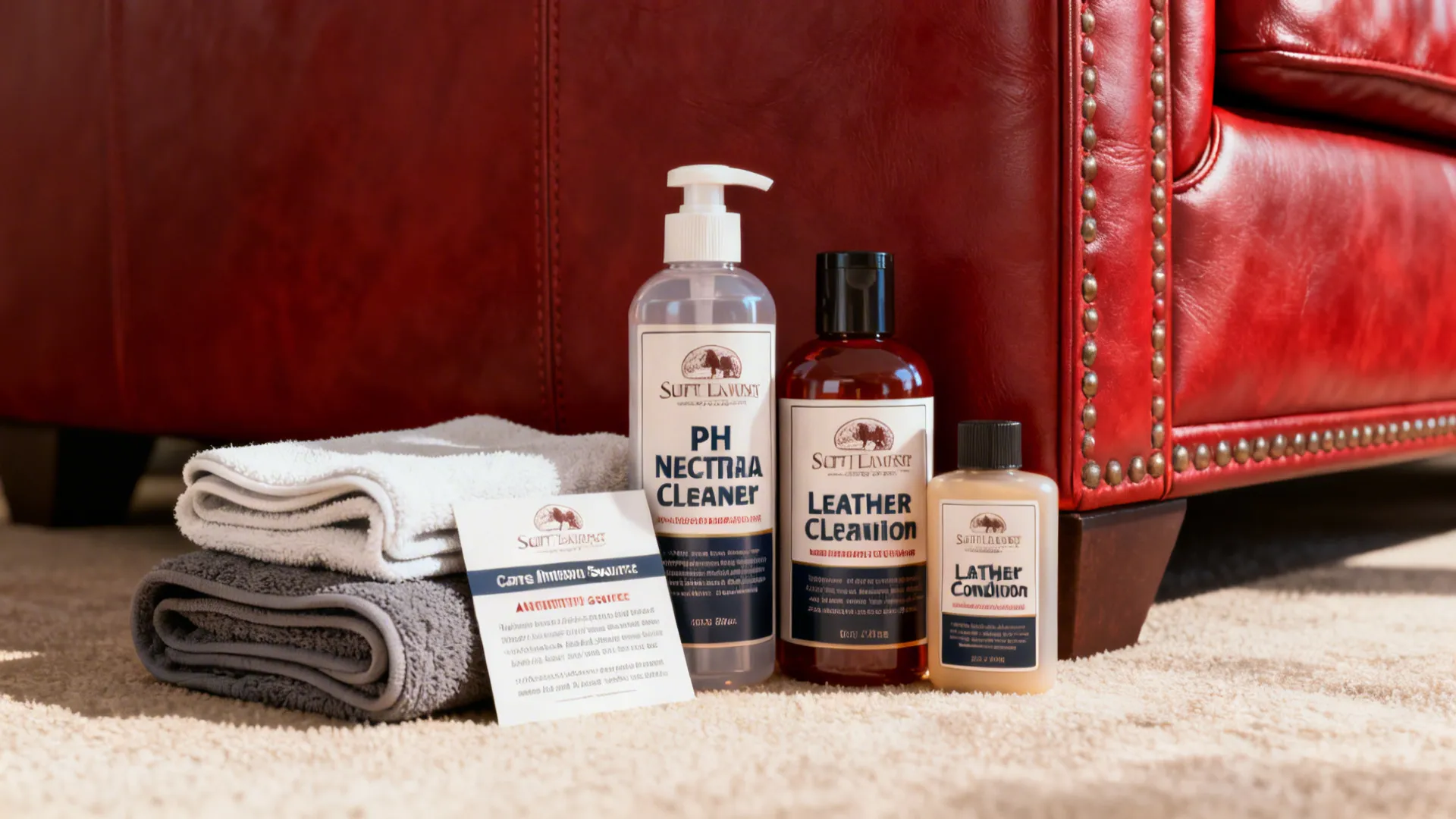 Leather care kit beside a red leather couch showing cloths, cleaner and conditioner for maintenance.