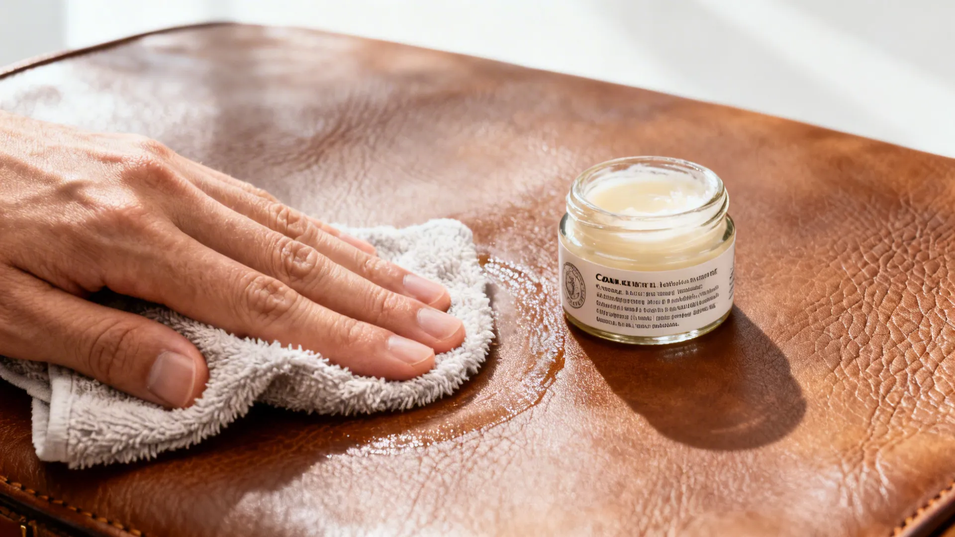 Person using a soft cloth to apply leather cleaning cream onto a brown leather surface