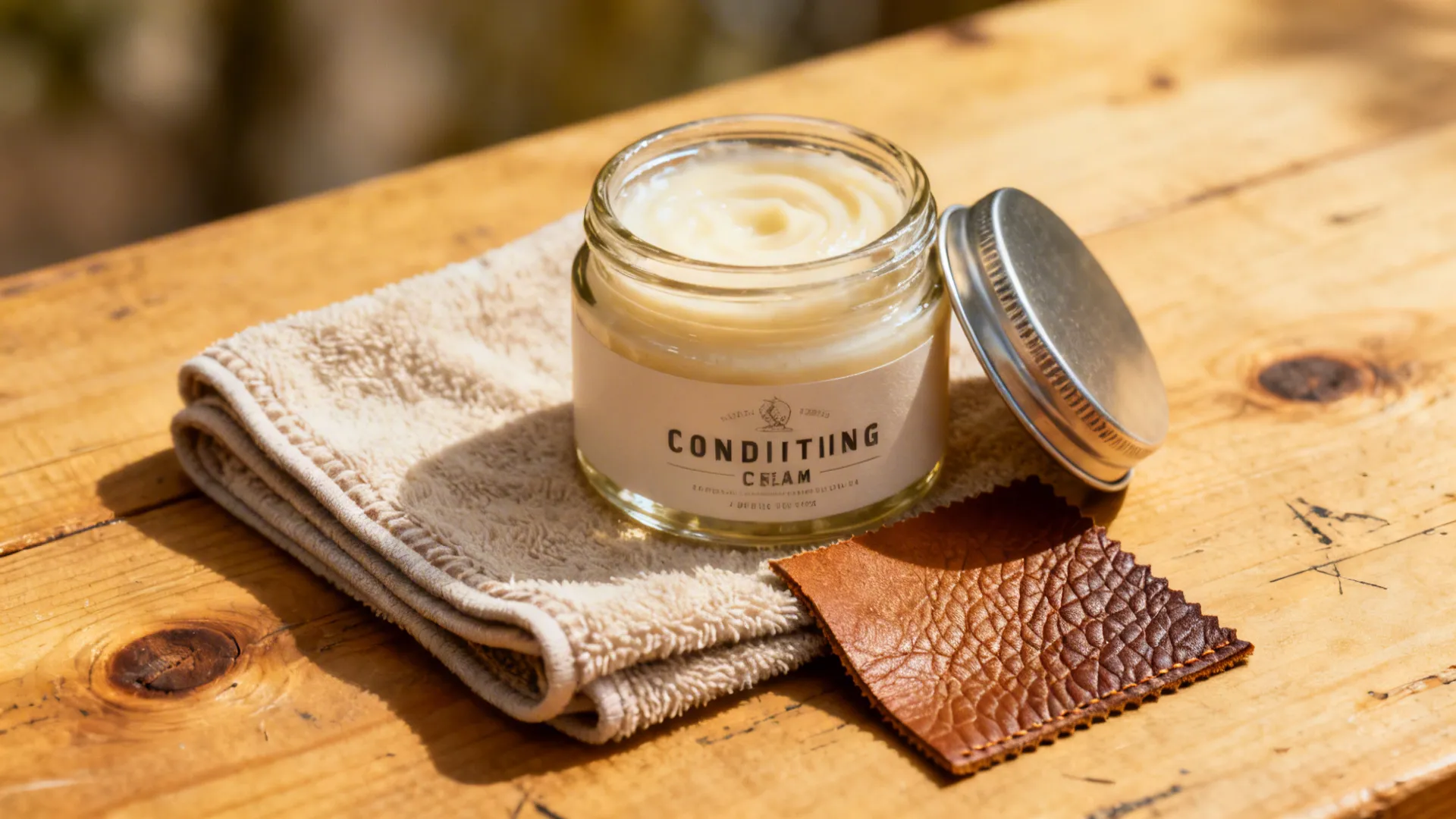 Leather conditioner, cloth and swatch illustrating maintenance for mixed leathers.