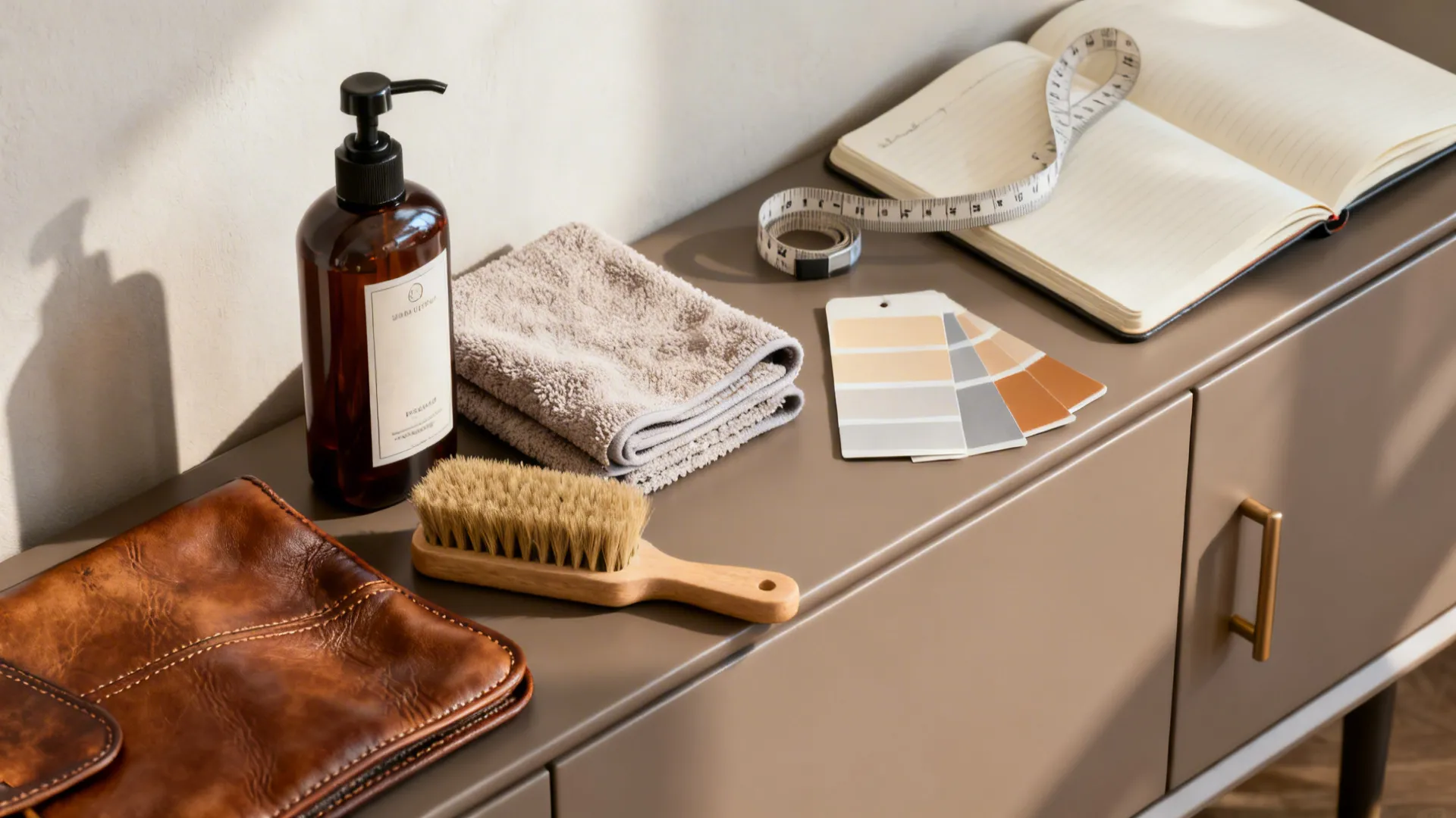 Leather care items and color swatches on a console, for small-room maintenance tips.