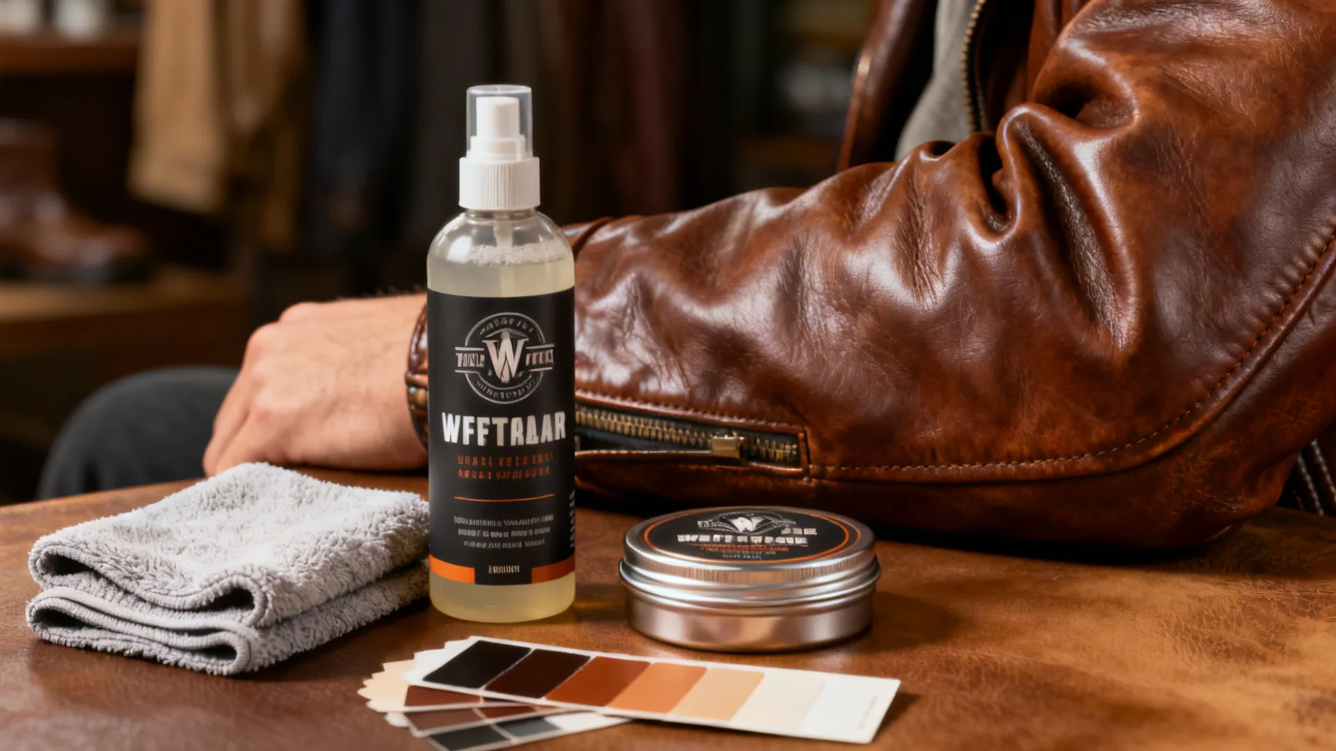 Leather care essentials including cleaner, cloth, and conditioner near a brown leather surface.