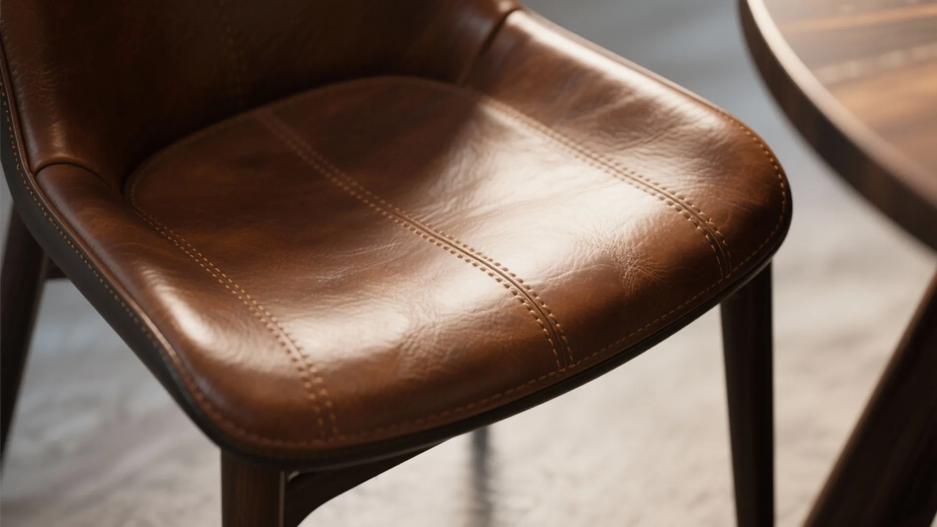 Close-up view of a brown leather chair showing stitching details next to a wooden dining table
