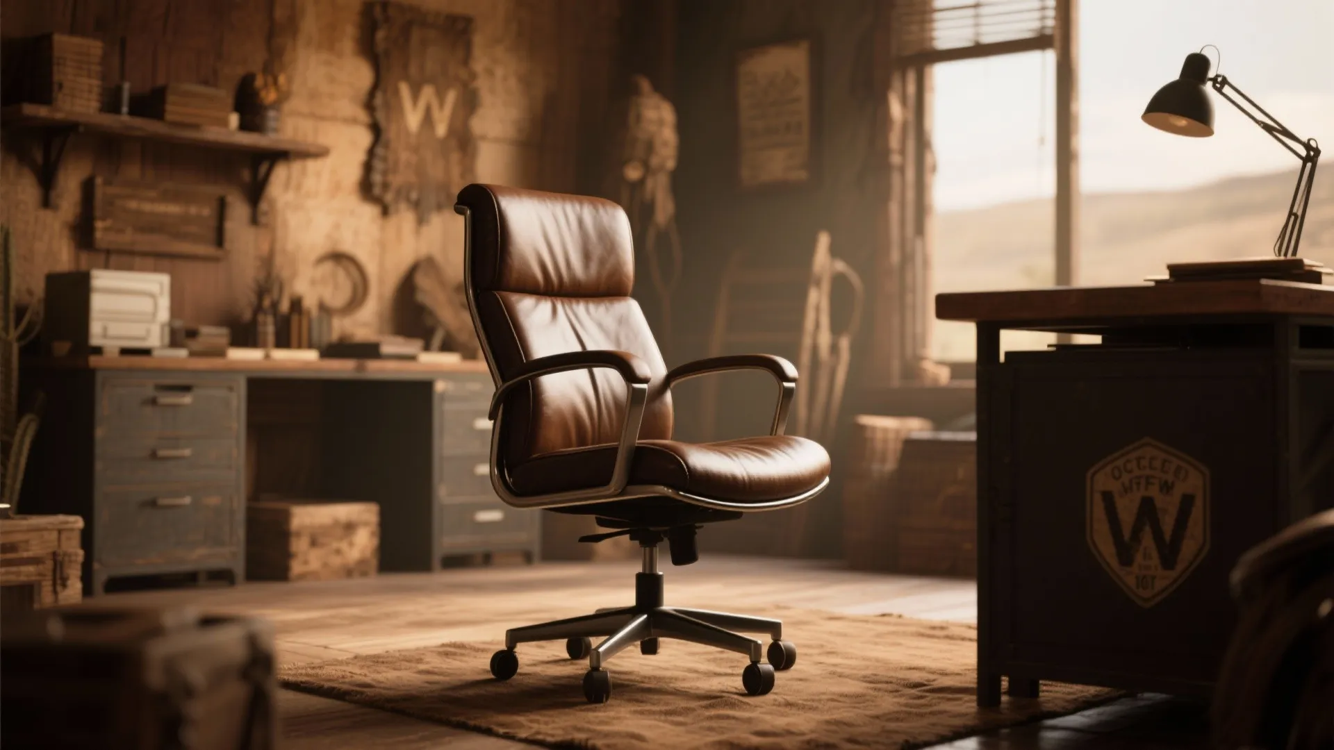 Brown leather office chair on a small rug in a rustic room with wood furniture