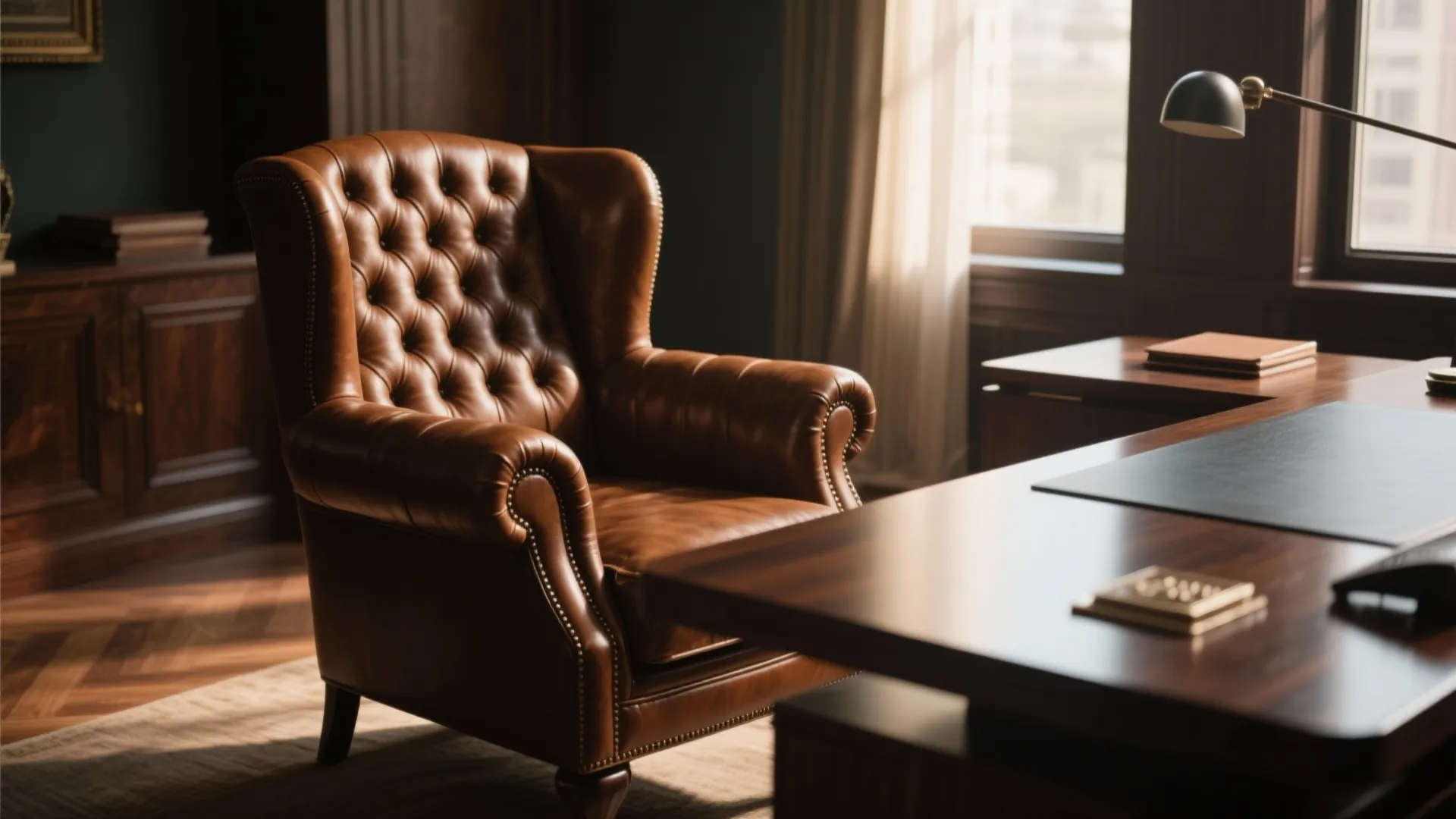 Classic brown leather armchair next to a dark wood desk in a sunny home office