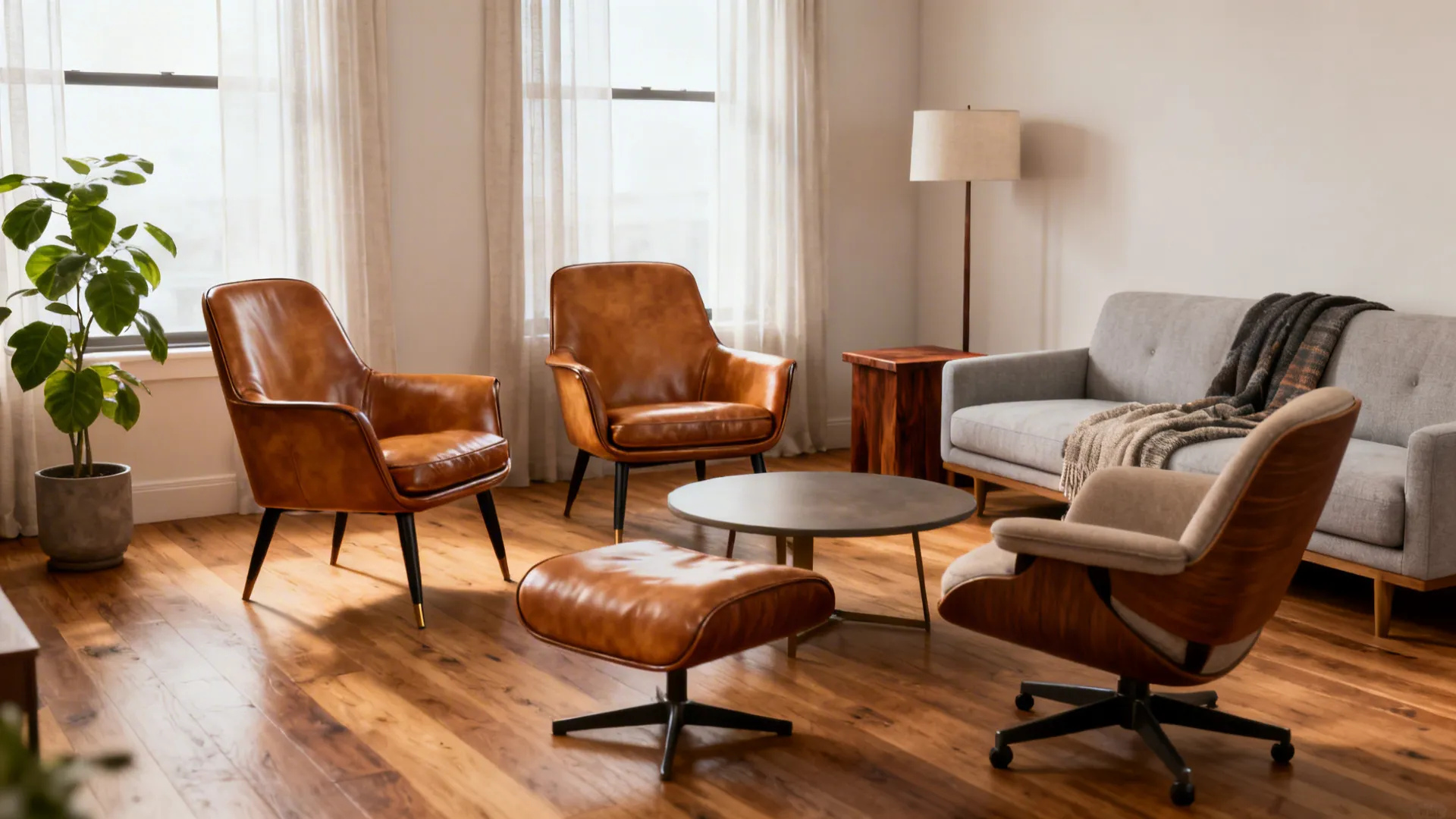 Living room with brown leather chairs a grey sofa a footrest and round coffee table