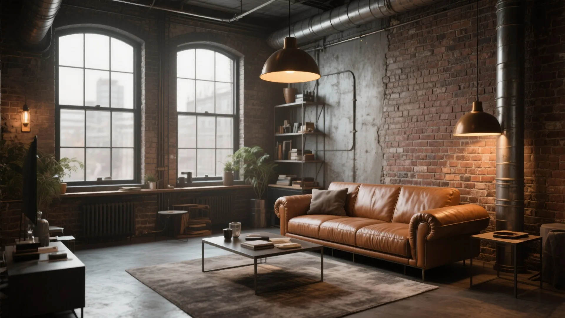 Industrial loft living room with brown leather sofa brick wall large windows and hanging light fixtures
