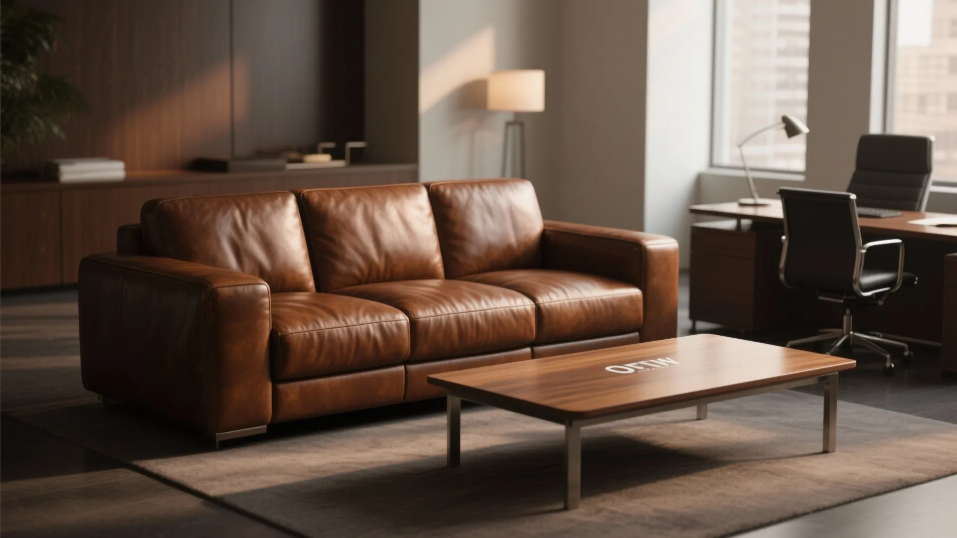 Classic brown leather sofa with wooden coffee table in a modern executive office interior setting