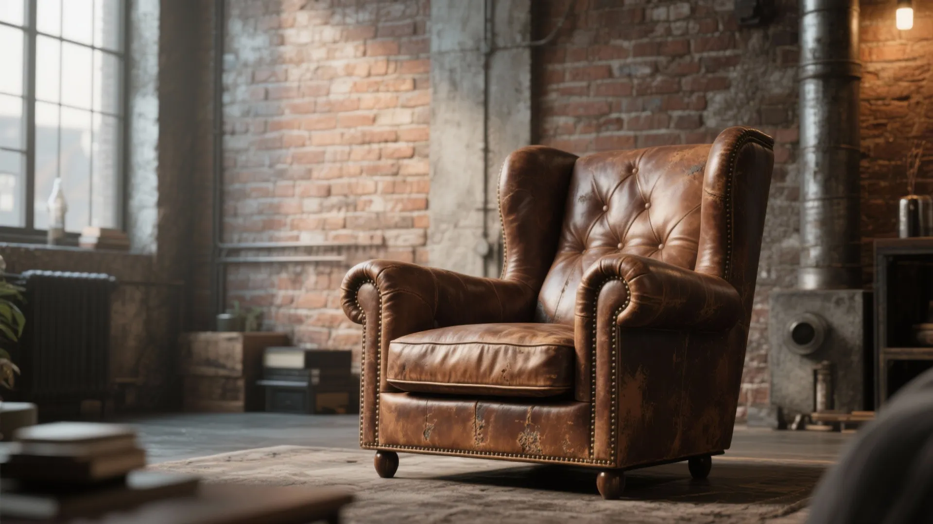 Distressed brown leather club chair in an industrial loft