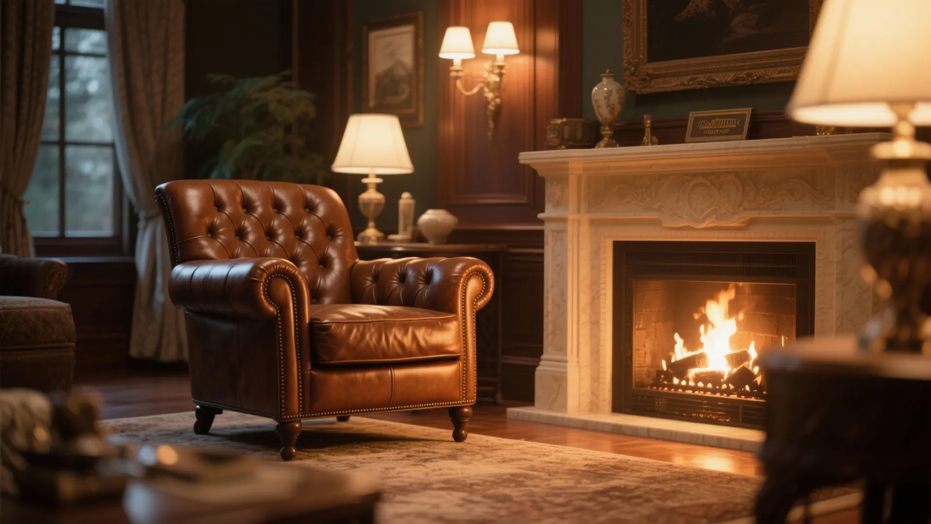 Brown leather club chair by a fireplace