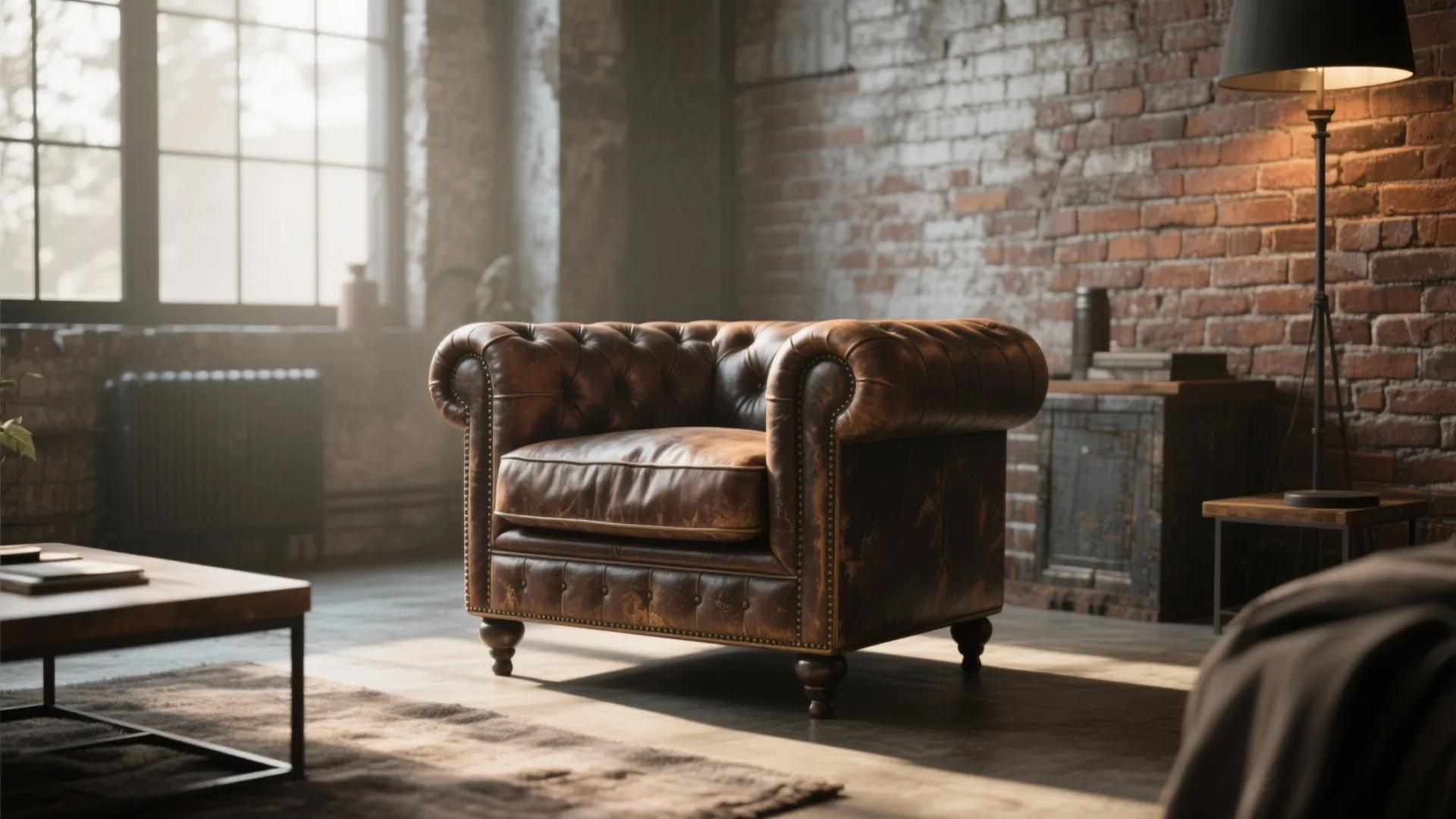 Distressed leather club chair in an industrial loft living room