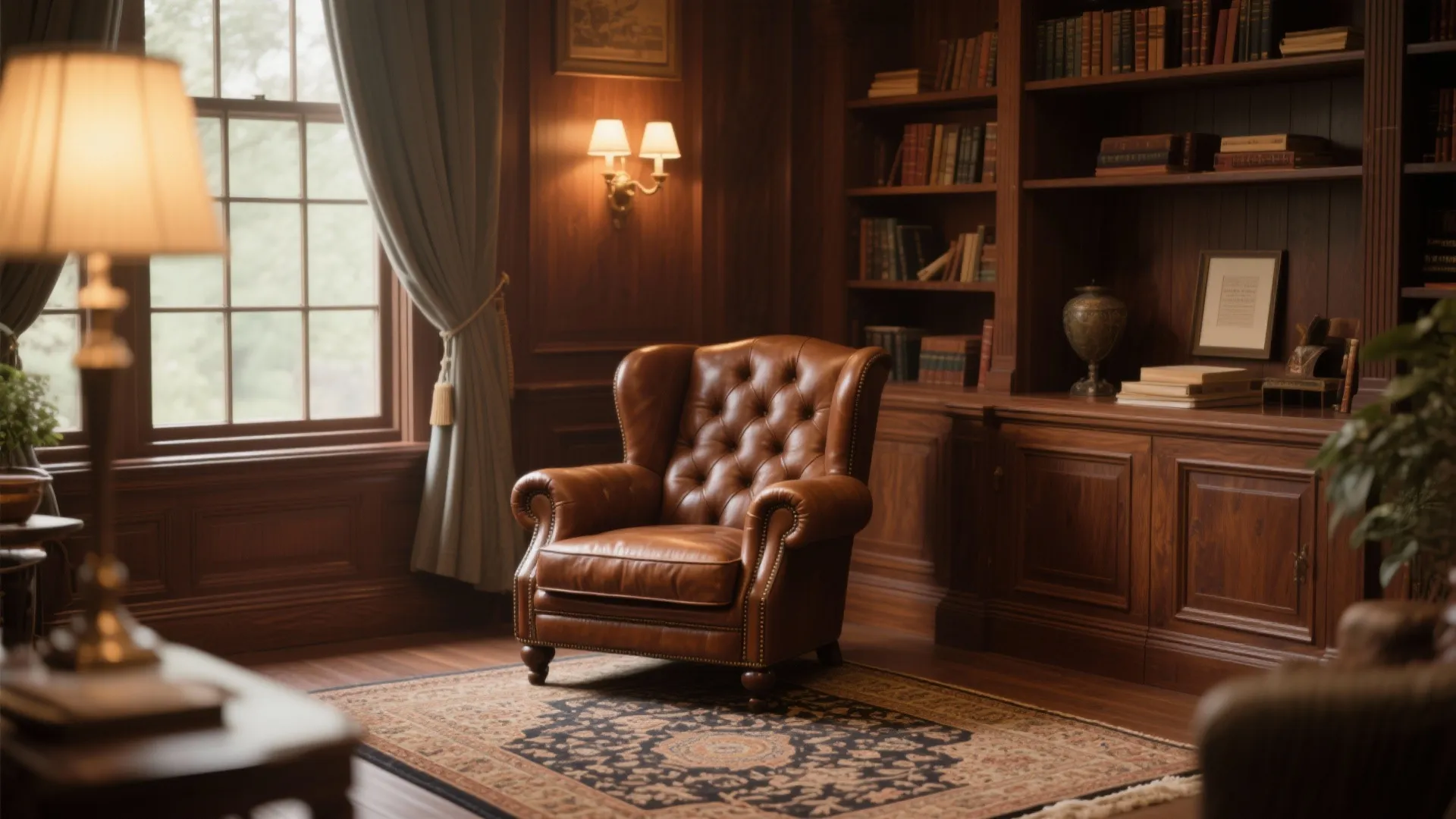 Classic brown leather armchair on a rug in a traditional study with wood wall panels bookshelves