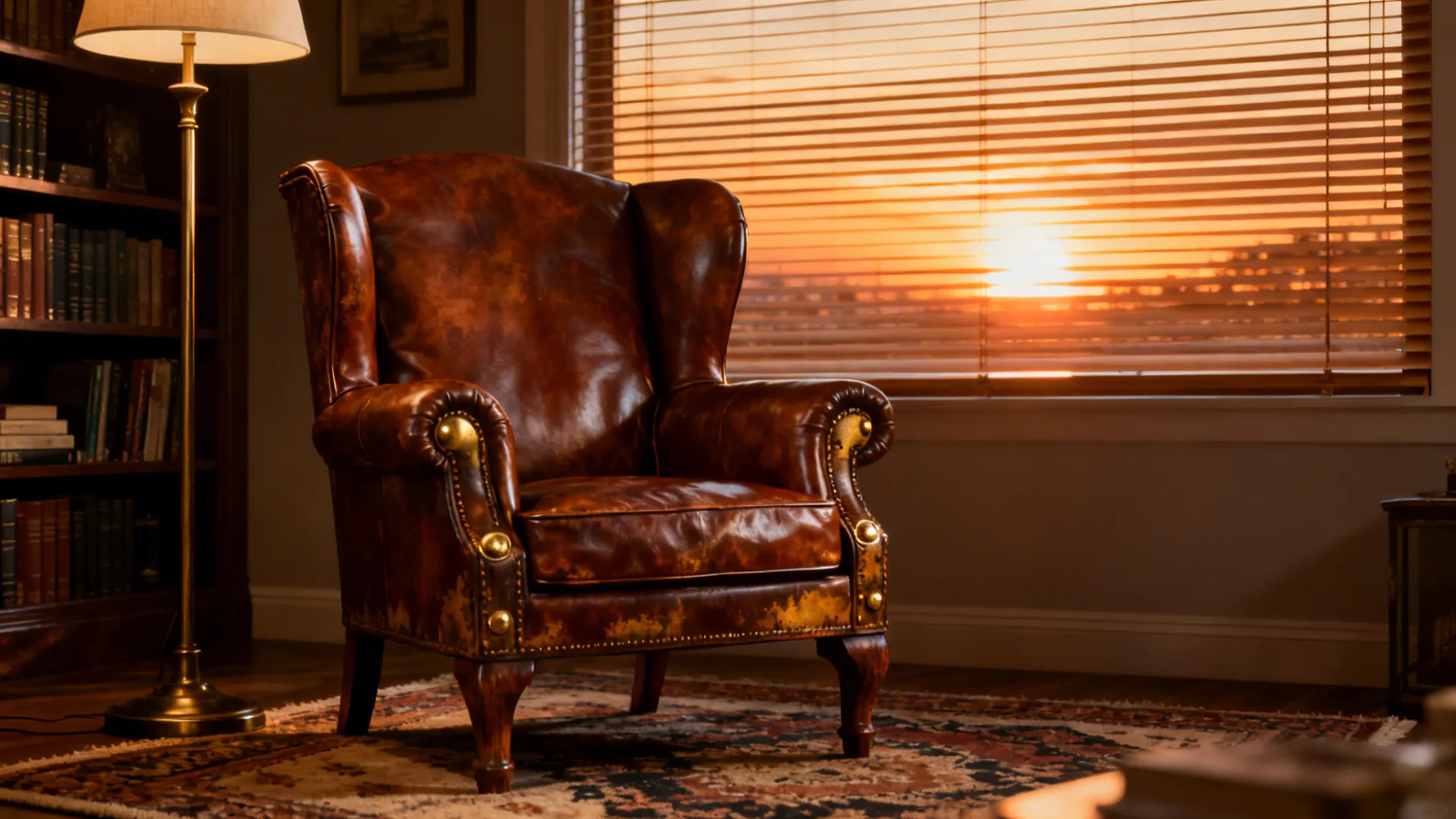 Cognac leather club chair with brass details in a warm mid-century corner.